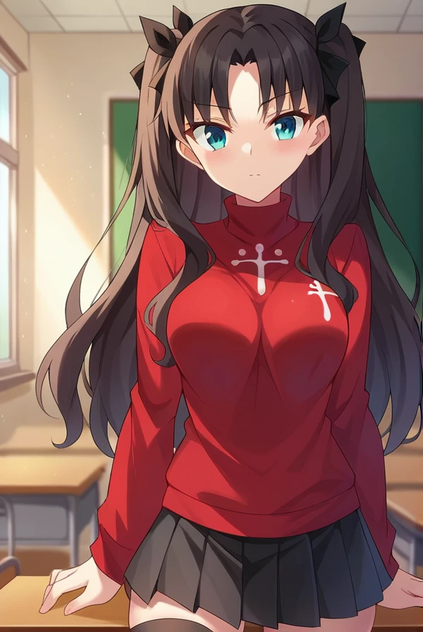 score_9, score_8_up, score_7_up, score_6_up, score_5_up, score_4_up,
BREAK source_anime, 
rintohsaka, <lora:rin_tohsaka_ubw-sdxl-lora-nochekaiser:1>,
rin tohsaka, aqua eyes, black hair, hair ribbon, long hair, ribbon, sidelocks, two side up, parted bangs
black skirt, black thighhighs, long sleeves, miniskirt, pleated skirt, red sweater, skirt, sweater, thighhighs, turtleneck,
indoors, classroom,
looking at viewer, cowboy shot,