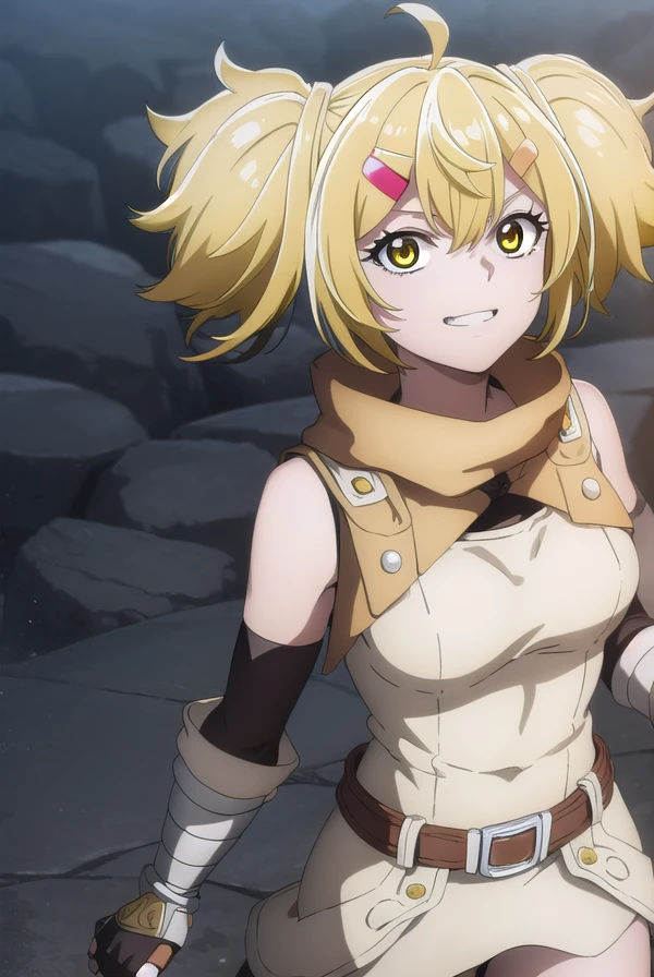 oikatzo, <lora:oikatzo s1-lora-nochekaiser:1>,
oikatzo, blonde hair, hair ornament, twintails, (yellow eyes:1.3), hairclip, short twintails, smile, grin,
BREAK gloves, belt, fingerless gloves, red gloves,
BREAK outdoors, forest,
BREAK looking at viewer, (cowboy shot:1.5),
BREAK <lyco:GoodHands-beta2:1>, (masterpiece:1.2), best quality, high resolution, unity 8k wallpaper, (illustration:0.8), (beautiful detailed eyes:1.6), extremely detailed face, perfect lighting, extremely detailed CG, (perfect hands, perfect anatomy),