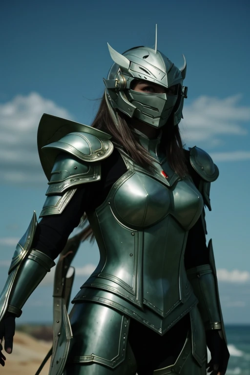 <lora:HXarmour_001XL:0.7>,hxarmour,1girl,(dark green armour:1.1),mountain,Adventure pose,
