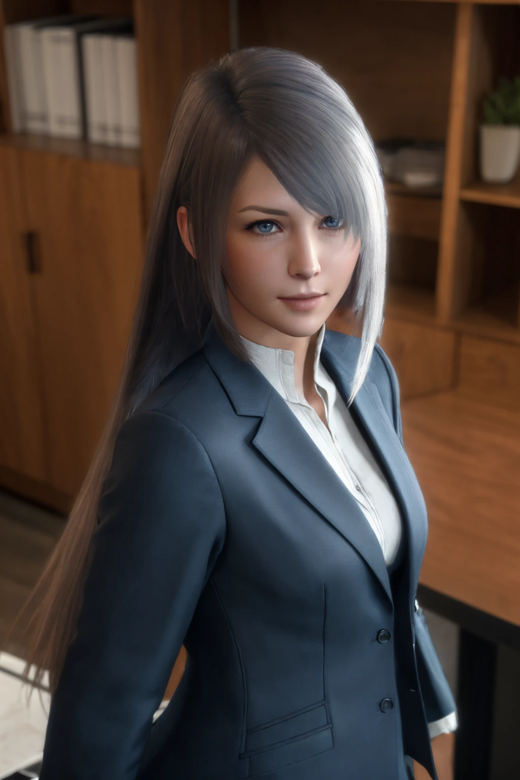 Best quality,masterpiece,ultra high res,1girl,jill_warrick,bare neck,looking at viewer,upper body,long hair,(business suit:1.2),
