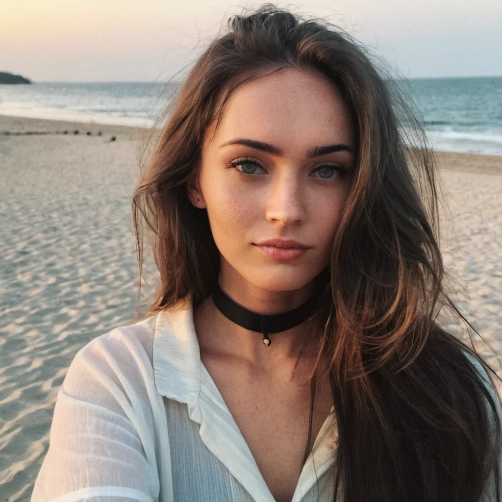 Film grain, skin texture, Instagram selfie of a woman with long loose hair wearing a choker,evening beach in the background,f/1.8,   <lora:megfox_xl_1_standard_merger_23_41_07_03:1>