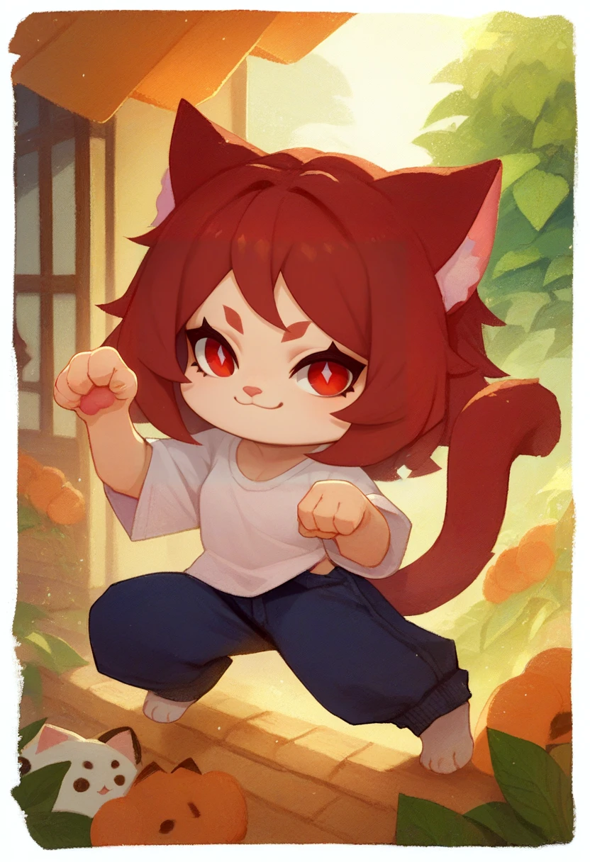 score_9, score_8_up, score_7_up, border, chibi, solo, 1girl, cat girl, smile, looking at viewer, paw pose, animal ears, red eyes, shirt, pants <lora:style_onmyoji_ponyXL-000007:1>