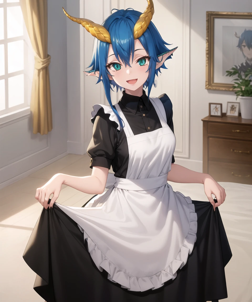 masterpiece, best quality, <lora:SkadiDrag640V1:0.7>, 1girl, skadidrag, blue hair, short hair with long locks, hair between eyes, yellow dragon horns, pointy ears, aqua eyes, slit pupils, smile, :d, maid dress, maid, apron, short sleeves, cowboy shot, looking at viewer, indoors