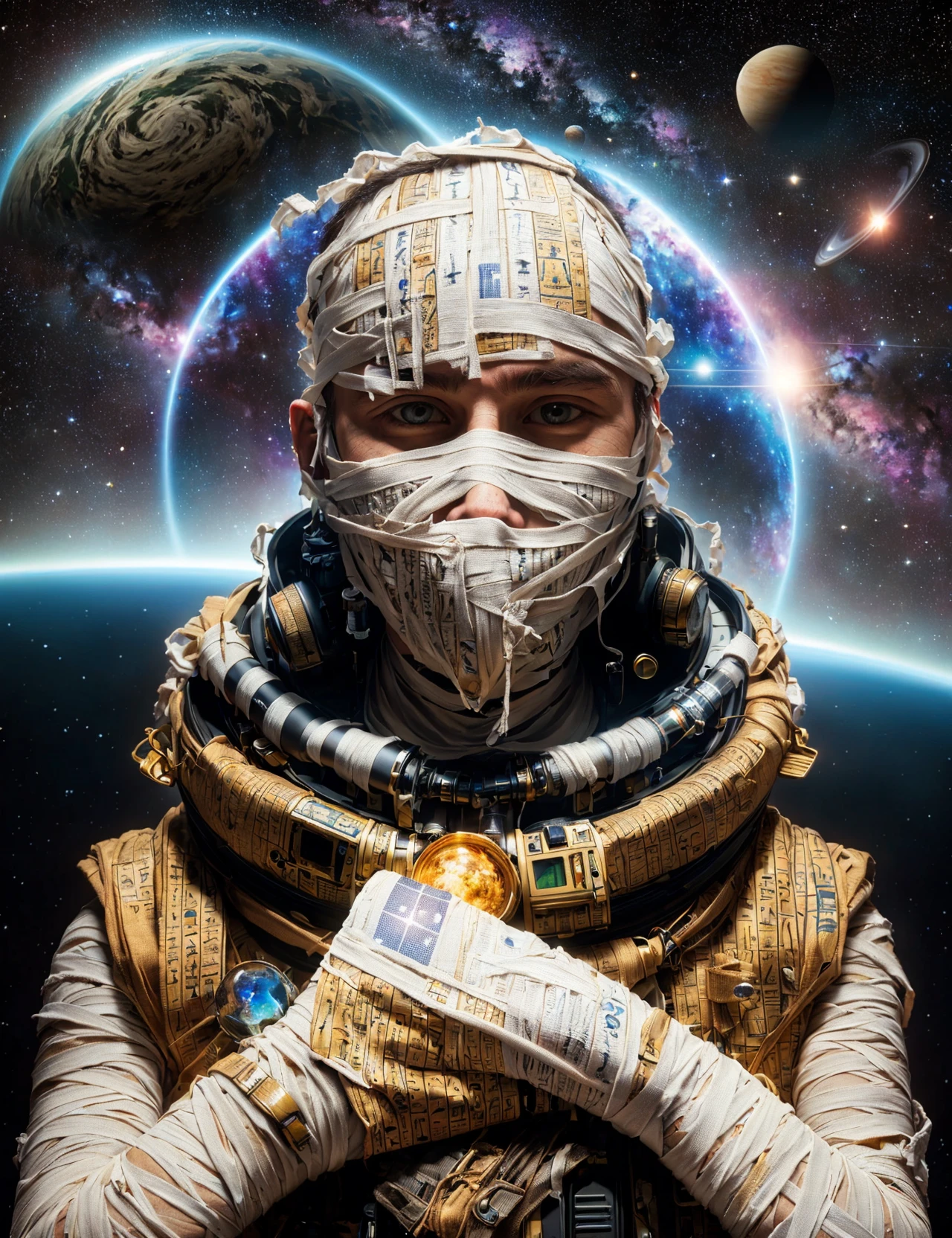masterpiece, awesome quality, hyper detailed, DonMM00mm13s bandages, wrapped, solar system, interplanetary, astronomer, supernova,     <lora:DonMM00mm13s-000006:0.9>