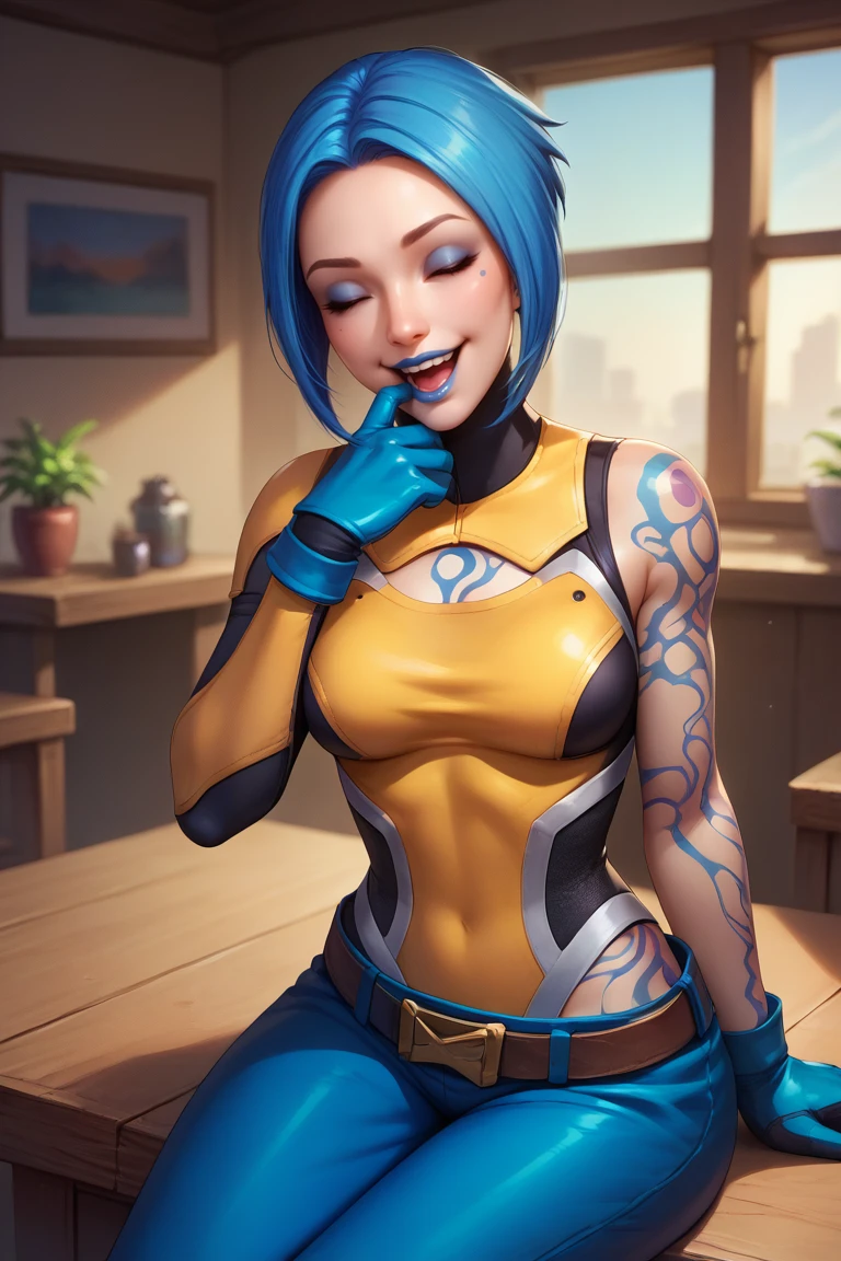 score_9, score_8_up, score_7_up, BREAK , 1girl, solo, looking at viewer, breasts, <lora:mayabl2-guy-v1PONYXL:.95>, mayabl2, tattoo, makeup, blue lips, gloves, bodysuit, belt, pants, laughing, sitting, indoors, hand over own mouth, closed eyes, blue pants,