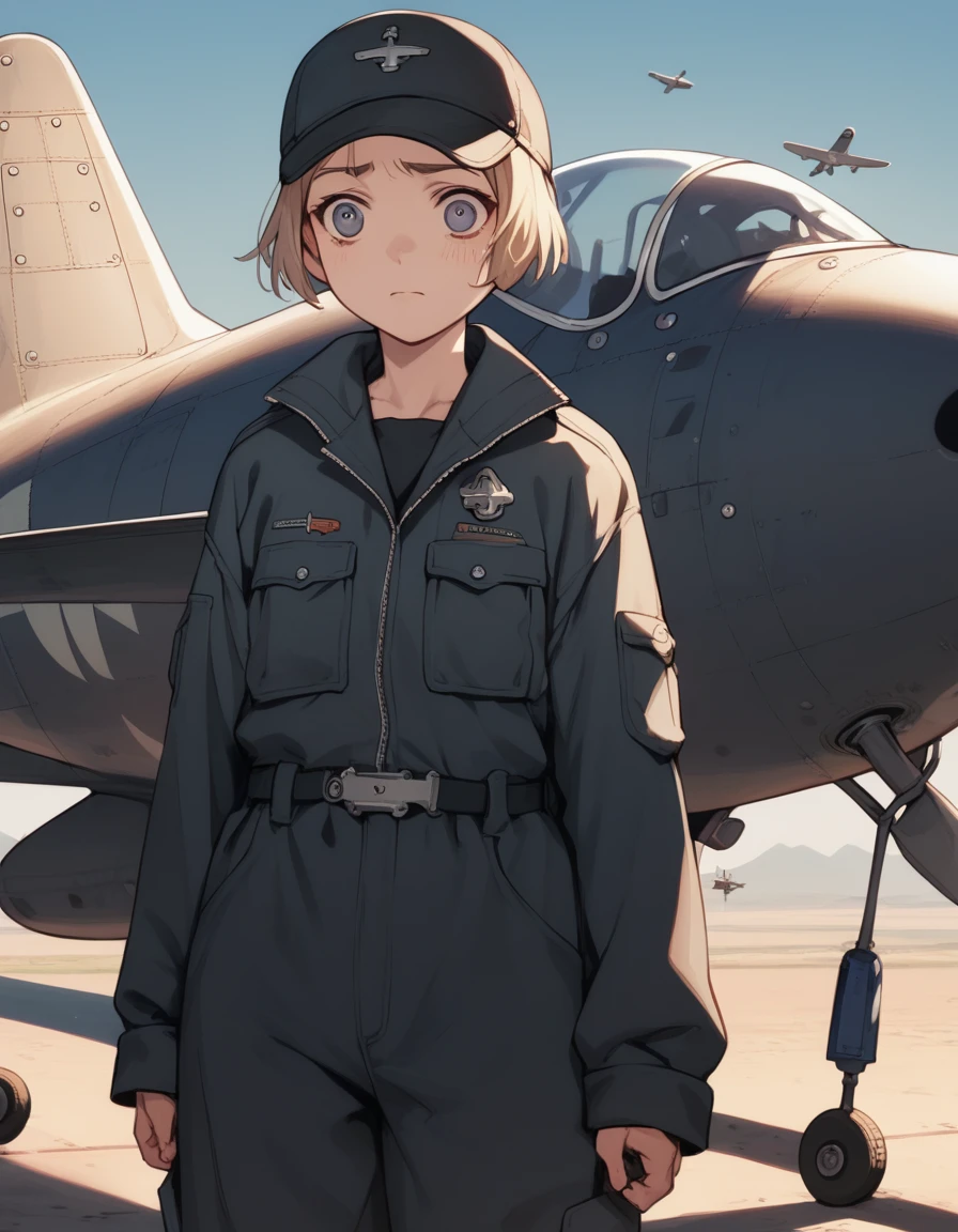 score_9, score_8_up, score_7_up, score_6_up, score_5_up, score_4_up, source_anime
<lora:last-exile-v2-ponyxl-000014:1> 
lavie, black jumpsuit, hat, black headwear
1girl, cowboy shot, aircraft, mechanic, worried