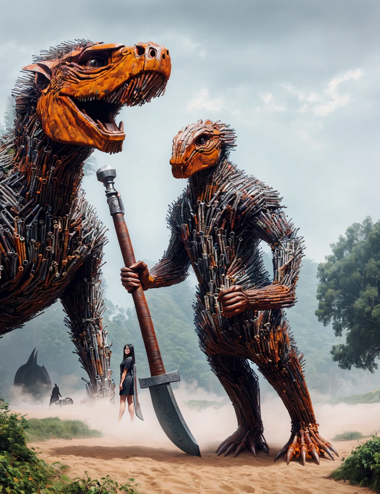 masterpiece, awesome quality, hyper detailed, DonMCr0wB4r female human dinosaur, executive bodyguard,buffer, dwarven war axe, <lora:DonMCr0wB4r-000006:1>