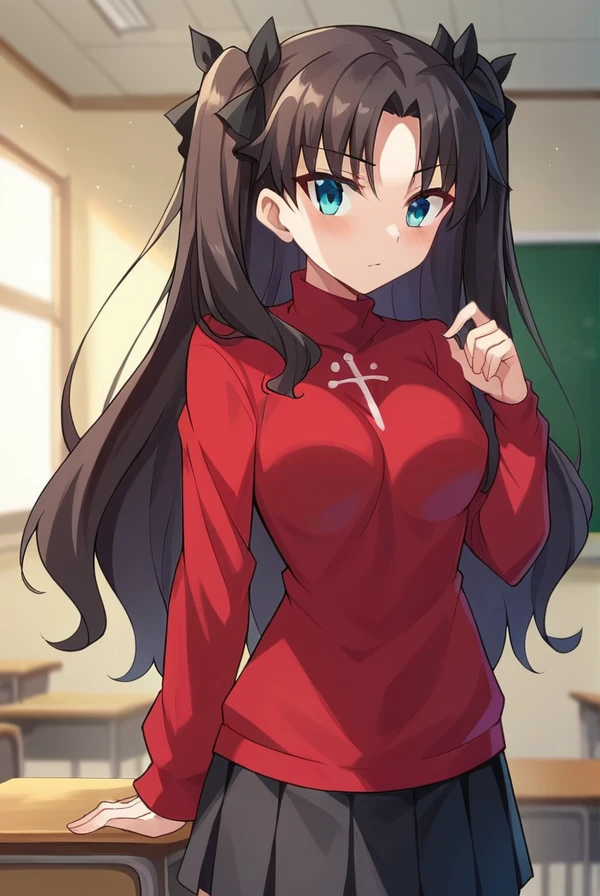 score_9, score_8_up, score_7_up, score_6_up, score_5_up, score_4_up,
BREAK source_anime, 
rintohsaka, <lora:rin_tohsaka_ubw-sdxl-lora-nochekaiser:1>,
rin tohsaka, aqua eyes, black hair, hair ribbon, long hair, ribbon, sidelocks, two side up, parted bangs
black skirt, black thighhighs, long sleeves, miniskirt, pleated skirt, red sweater, skirt, sweater, thighhighs, turtleneck,
indoors, classroom,
looking at viewer, cowboy shot,