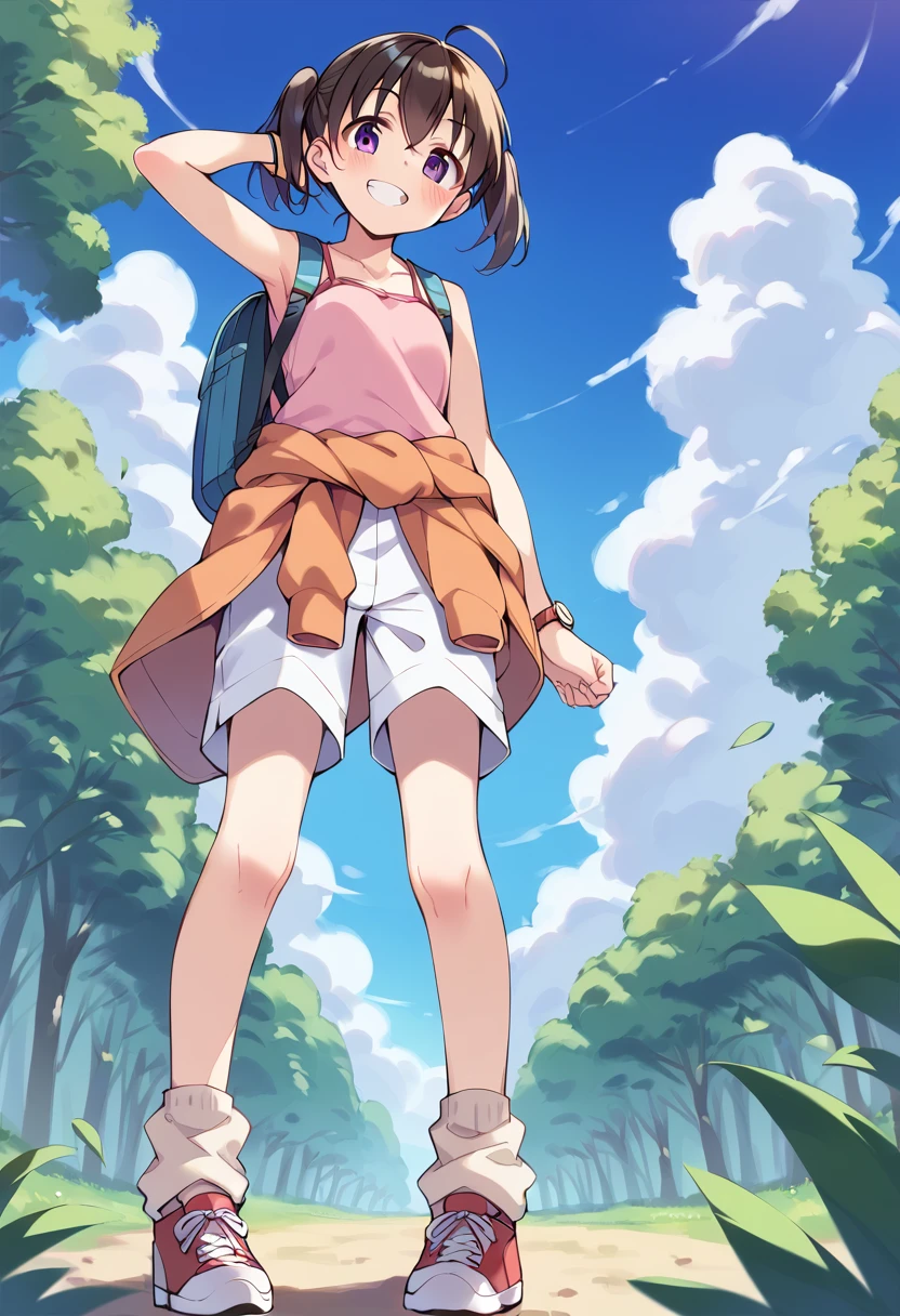 score_9, score_8_up, score_7_up, best quality, masterpiece, source_anime BREAK
1girl, kuraue hinata, solo, smile, twintails, bag, purple eyes, clothes around waist, full body, backpack, grin, looking at viewer, ahoge, standing, sneakers, black hair, socks, armpits, red footwear, arm up, pink shirt, white shorts, blush, loose socks, bracelet, short twintails, short hair, bare shoulders, jacket around waist, collarbone, jewelry, sleeveless shirt, brown hair, orange jacket, teeth, bare arms, sweater, from below, sweater around waist, pink camisole, watch, brown legwear, arm behind head, pants, pink tank top, hand up, head tilt, :d, hand in hair, hair between eyes, open mouth, wristwatch, white legwear, pink footwear, eyebrows visible through hair,
tree, green leaf, blue sky, cloud, forest <lora:kuraue_hinata_sdxl_locon_pony_v1:0.7>