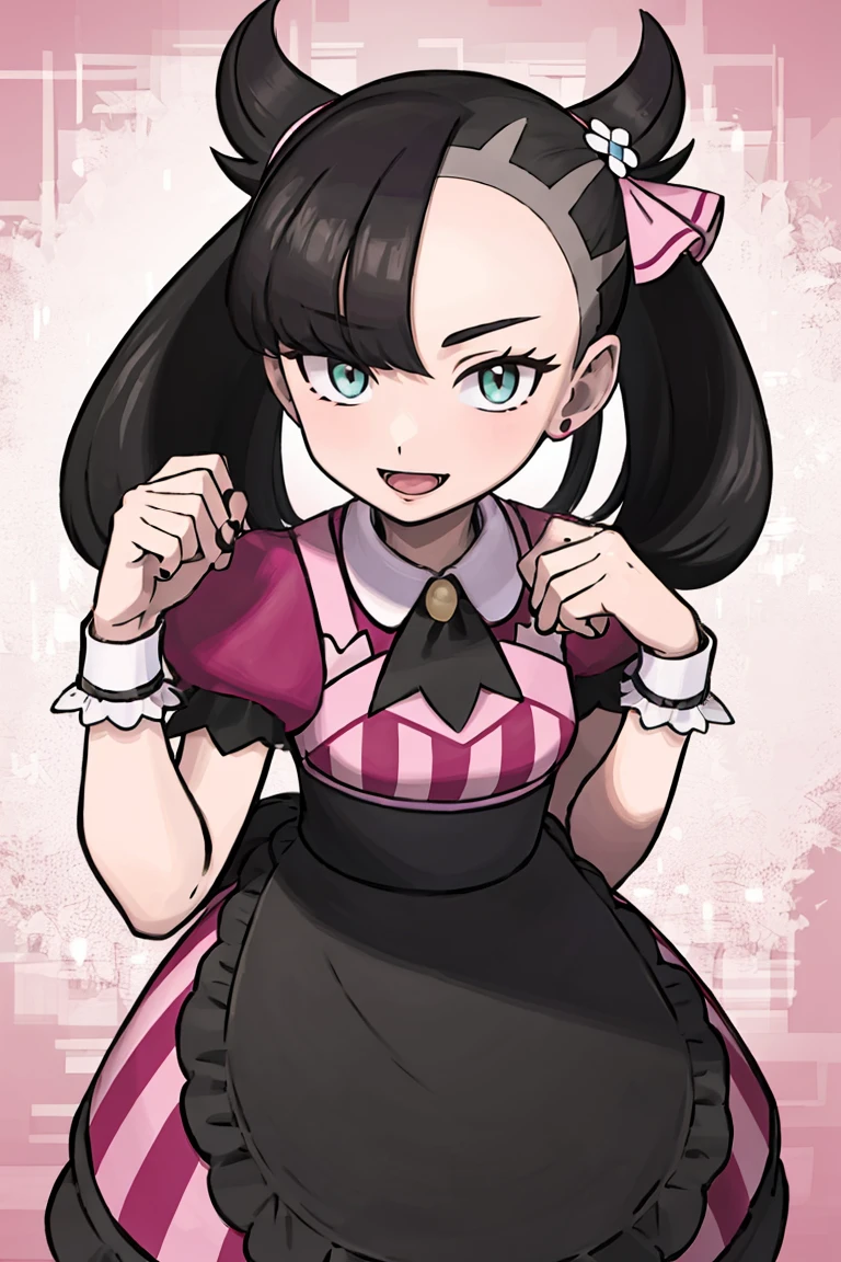<lora:Sugimori_Ken_Style_v3:0.7>, ((masterpiece,best quality)), absurdres, <lora:Palentines_2022:0.8>, solo, smile, looking at viewer, apron, black nails, blush, commentary request, creatures (company), dress, echizen (n fns17), eyelashes, game freak, green eyes, hair ribbon, hand up, heart, highres, holding, looking at viewer, marnie (palentines 2022) (pokemon), marnie (pokemon), nail polish, nintendo, open mouth, pink background, pink ribbon, pokemon, pokemon masters ex, ribbon, short sleeves, teeth, tongue, twintails, upper teeth only, waist apron, wrist cuffs