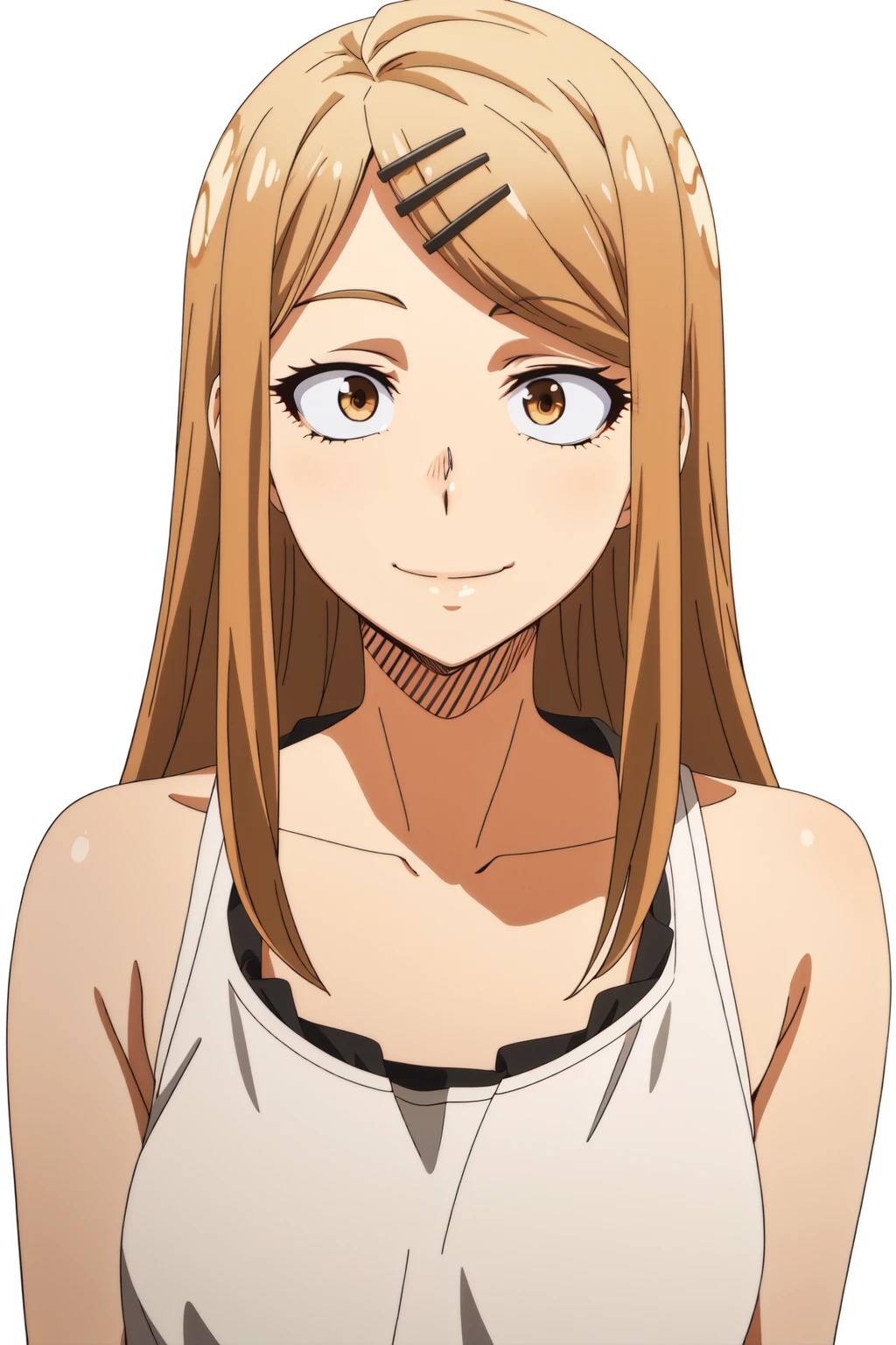masterpiece, best quality, 1girl, sayaendo, brown eyes, blonde hair, long hair, hairclip, ear piercing, blue camisole, smile, looking at viewer, solo, upper body, outdoors, park background <lora:SayaEndo:1>