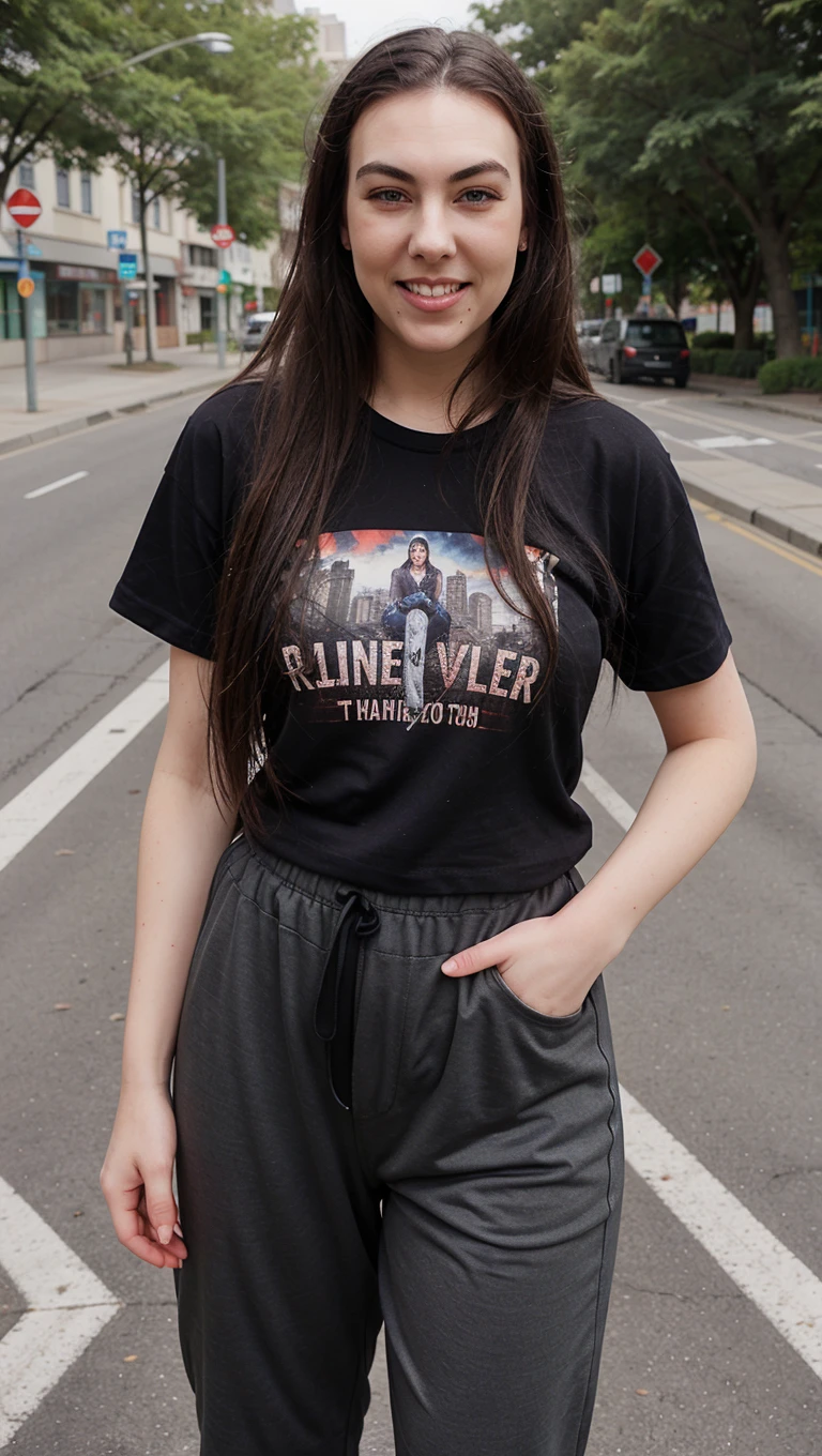 elizeryd, a woman, outdoors, tshirt, pants, street, road, city behind, grin,