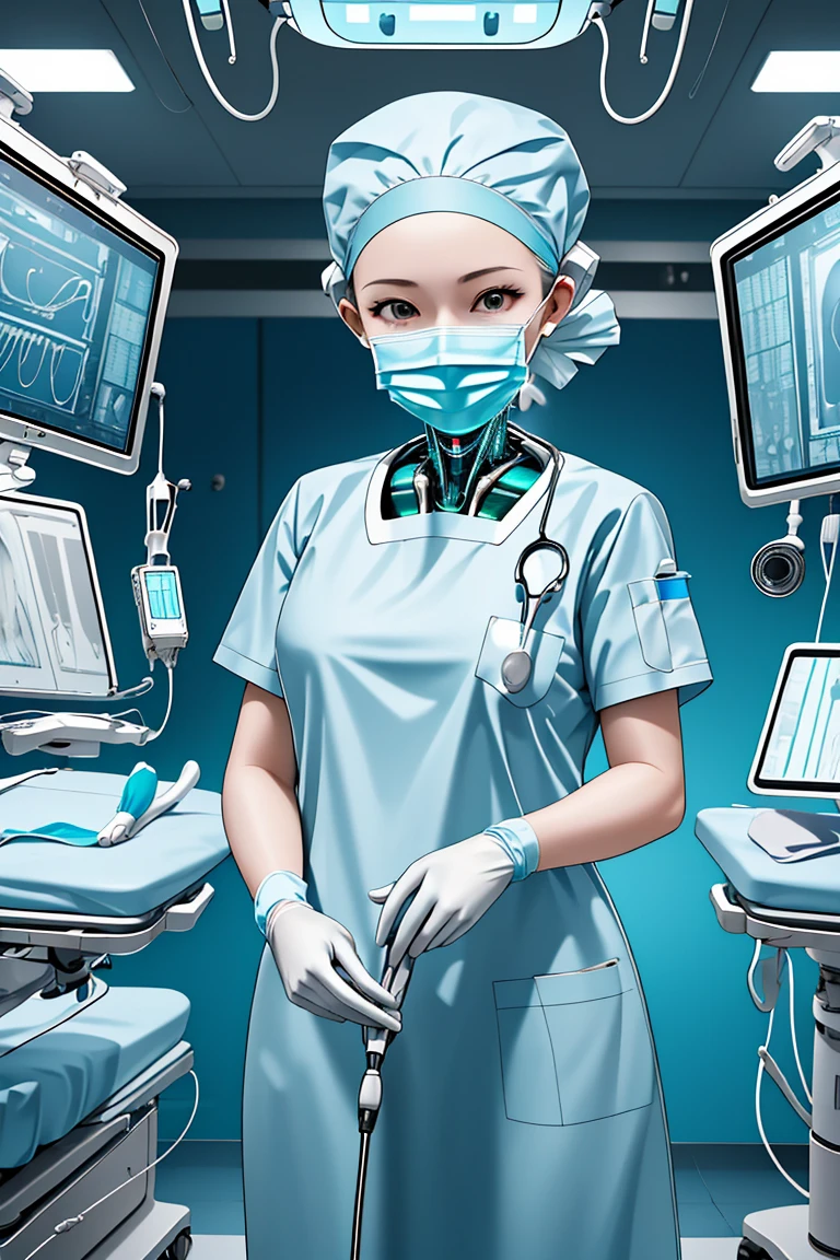 (RAW photo, best quality), 1girl, operating room, overhead surgical light, dslr, blurred background, focused,
 <lora:cyber_surg_v1.0-000006:0.8> cybr_surg, 1girl, solo, latex gloves, surgical mask,cybernetic outfit,