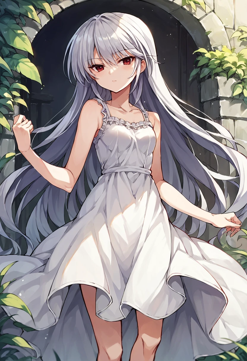 score_9, score_8_up, score_7_up, score_6_up, score_5_up, score_4_up, source_anime, kazami kazuki, silver hair, long hair, red eyes, sundress <lora:KazukiPonyXL-000022:1>