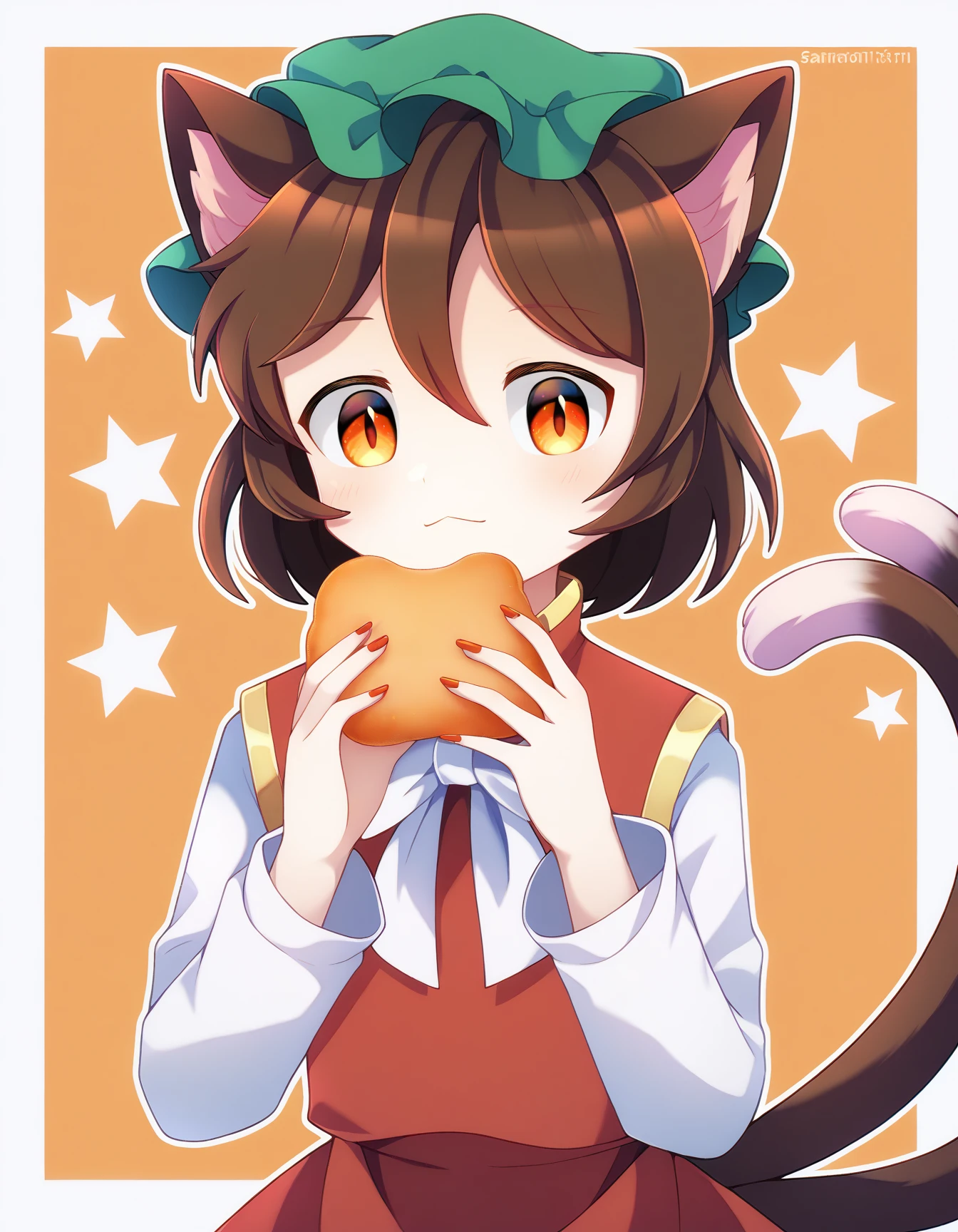 score_9, best quality, masterpiece, uncensored, source_anime
BREAK
chen, + +, 1girl, animal ears, artist name, border, bow, bowtie, brown hair, cat ears, cat tail, closed mouth, dress, fish (food), food, food focus, green headwear, hair between eyes, hat, long sleeves, looking at viewer, mob cap, multicolored eyes, multiple tails, nail polish, orange background, orange eyes, red dress, red eyes, red nails, sashimi, shirt, short hair, solo, standing, star (symbol), tail, triangle, two tails, white border, white bow, white bowtie, white shirt, white sleeves
<lora:dt_pony_v1:1> <lora:4th_tail_lora_extract_l:1>