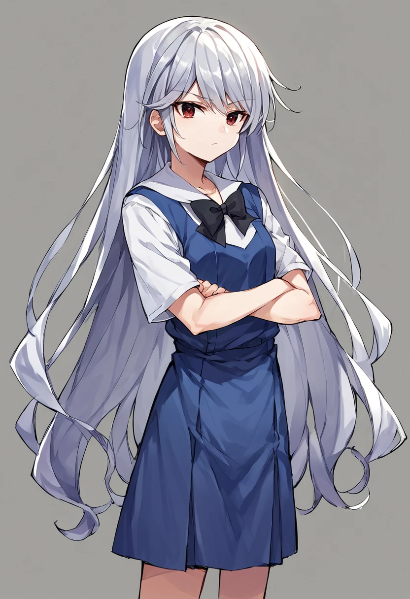 score_9, score_8_up, score_7_up, score_6_up, score_5_up, score_4_up, source_anime, kazami kazuki, silver hair, long hair, red eyes, school uniform, black bow, standing, arms crossed <lora:KazukiPonyXL-000024:1>