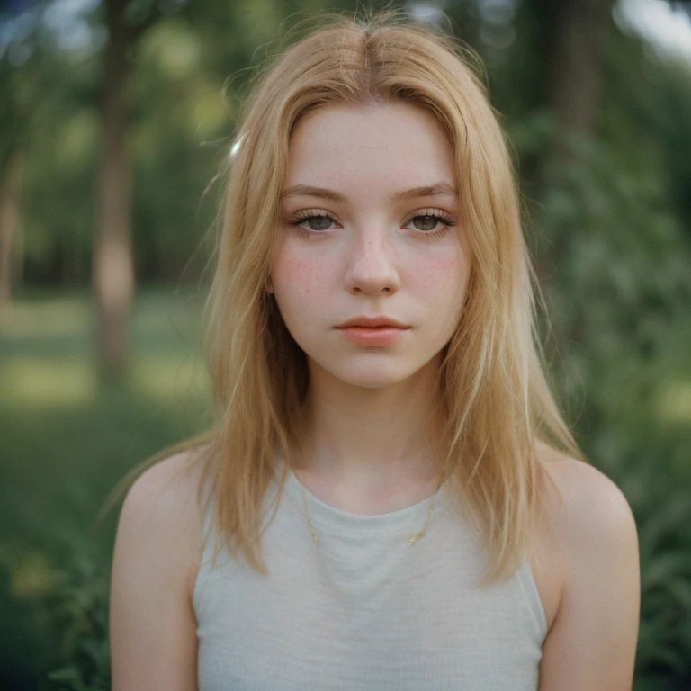 portrait of a girl, blondie haired, <lora:KodakGold200:0.5>, film, gold200, kdkgld200, kodak, vintage, film grain