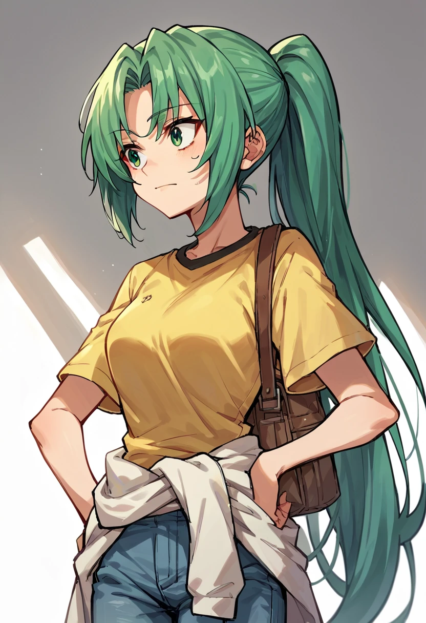 score_9, score_8_up, score_7_up, source_anime , <lora:Erection Under Clothes-000012:1> erection under clothes, <lora:MionPonyN:1> Mion Sonozaki, green eyes, ponytail, green hair, yellow T-shirt,clothes around waist, jeans, salute,