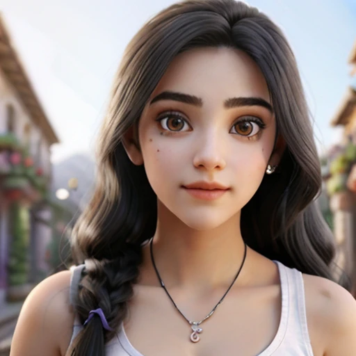 a tall standing beautiful 18 years young girl with expressive eyes and long black hairs .