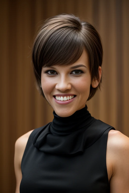 hi14ry5w4nk as a popular girl, brown eyes, brown hair, pixie haircut, open mouth, smile, teeth, overbite, (wearing a high neck sleeveless black dress:1.3), indoors, walking down stairs in a house, evening, <lora:Hilary_Swank_PMv1a_Lora:1.3>,, high quality photography, 3 point lighting, flash with softbox, 4k, Canon EOS R3, hdr, smooth, sharp focus, high resolution, award winning photo, 80mm, f2.8, bokeh, detailed skin texture, (blush:0.5), (goosebumps:0.5), subsurface scattering, ((Medium-Shot Angle))