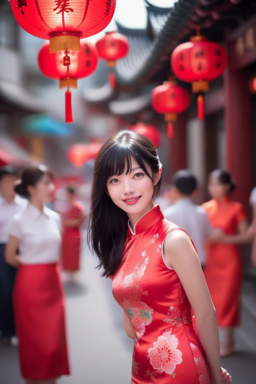 1girl,(RAW photo, best quality), (realistic, photo-realistic:1.4), masterpiece, an extremely delicate and beautiful, extremely detailed, 2k wallpaper, Amazing, finely detail, extremely detailed CG unity 8k wallpaper, ultra-detailed, highres, soft light, beautiful detailed girl,beautiful detailed eyes,beautiful detailed nose,beautiful detailed face,cinematic lighting,perfect anatomy,slender body,smiling,grinning
at the chinatown,chinese red lantern decoration,on the street,crowd,wearing sleeveless satin qipao with floral pattern,black hair,hair with bangs
make up <lora:MTAHashimotoKannaXL:1>