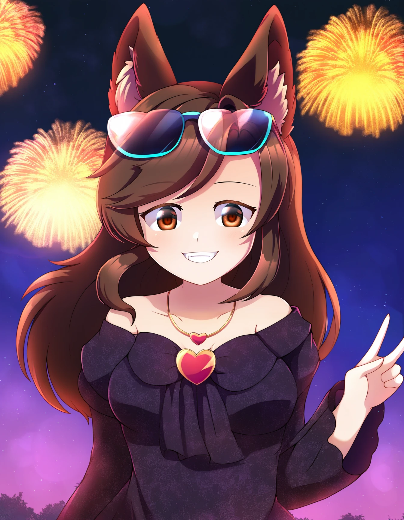 score_9, best quality, masterpiece, uncensored, source_anime
BREAK
imaizumi kagerou, mature female, 1girl, alternate costume, animal ear fluff, animal ears, black dress, breasts, brown eyes, brown hair, dress, grin, heart, heart necklace, jewelry, long hair, looking at viewer, medium bangs, medium breasts, necklace, off-shoulder dress, off shoulder, patterned clothing, smile, solo, (sunglasses:1.2), swept bangs, upper body, wolf ears, wolf girl, outdoors, night, floating hair, fireworks, dynamic pose
<lora:dt_pony_v1:1>