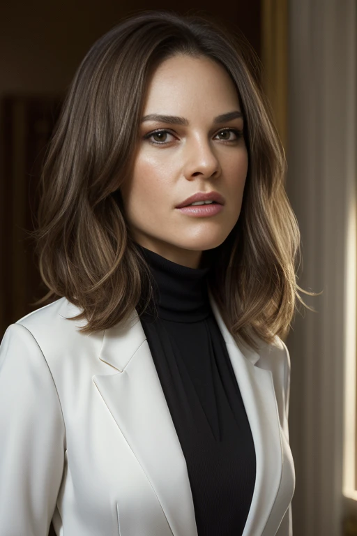 (RAW, analogue, Nikon Z 14mm ultra-wide angle lens, award-winning glamour photograph, ((best quality)), ((masterpiece)), ((realistic)), skin pores, subsurface scattering, radiant light rays, high-res, detailed facial features, high detail, sharp focus, smooth, aesthetic, extremely detailed, (extremely detailed eyes, extremely detailed iris), extremely detailed hair, extremely detailed skin, extremely detailed clothes, octane render, photorealistic, realistic, post-processing, max detail, realistic shadows, roughness, natural skin texture, real life, ultra-realistic, photorealism, photography, 8k UHD, photography, hdr, intricate, elegant, highly detailed, sharp focus, stunning, beautiful, gorgeous), (photorealistic), (realistic), hi14ry5w4nk in a high neck blouse, (black blazer1.2), standing in front of a desk, full body, brown hair with blonde highlights, brown eyes, indoors, oval office, white house, windows, upper body, morning, bright, photorealistic, realistic, detailed eyes, intricate face, high contrast, <lora:Hilary_Swank_PMv1a_Lora:1.3>,
