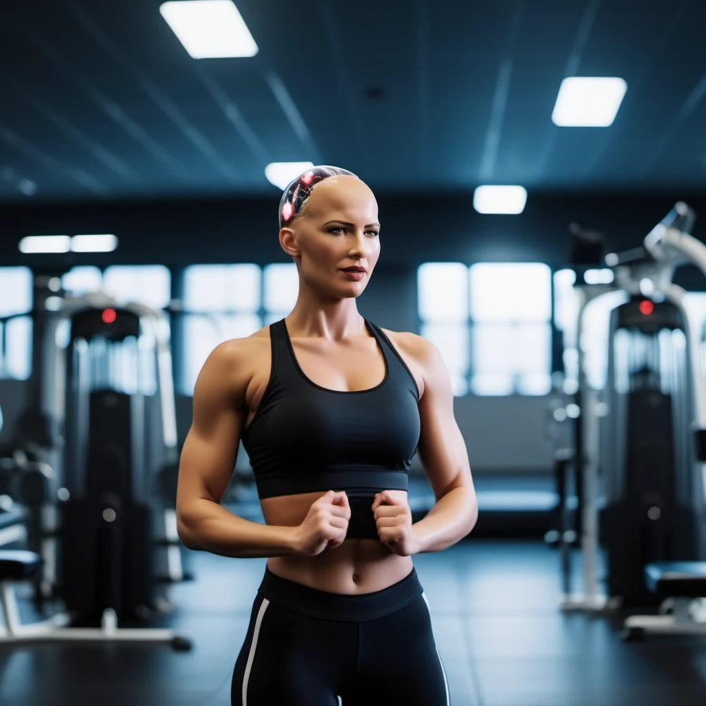 cinematic photo  a bald woman with electronical brain in a gym, full body <lora:Sophia1024-000375:0.8> <lora:add-detail-xl:1.5> . 35mm photograph, film, bokeh, professional, 4k, highly detailed