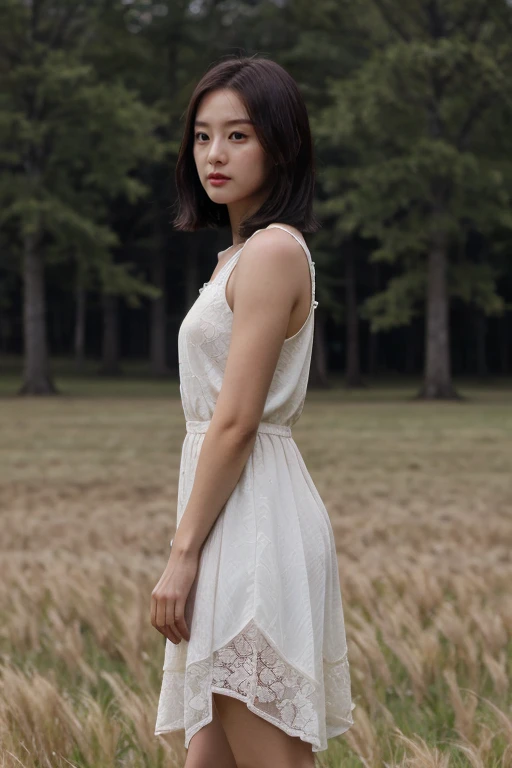 masterpiece, best quality, ultra-detailed, ultra high res, (photorealistic:1.4), raw photo, (realistic:0.2), 8k HDR, 1girl, solo, walking, (looking at viewer), realistic lighting, asymmetrical short hair, (detailed skin), (detailed face), ((grass field :1.1)), (full body:1.2), simple white dress, sleeveless,