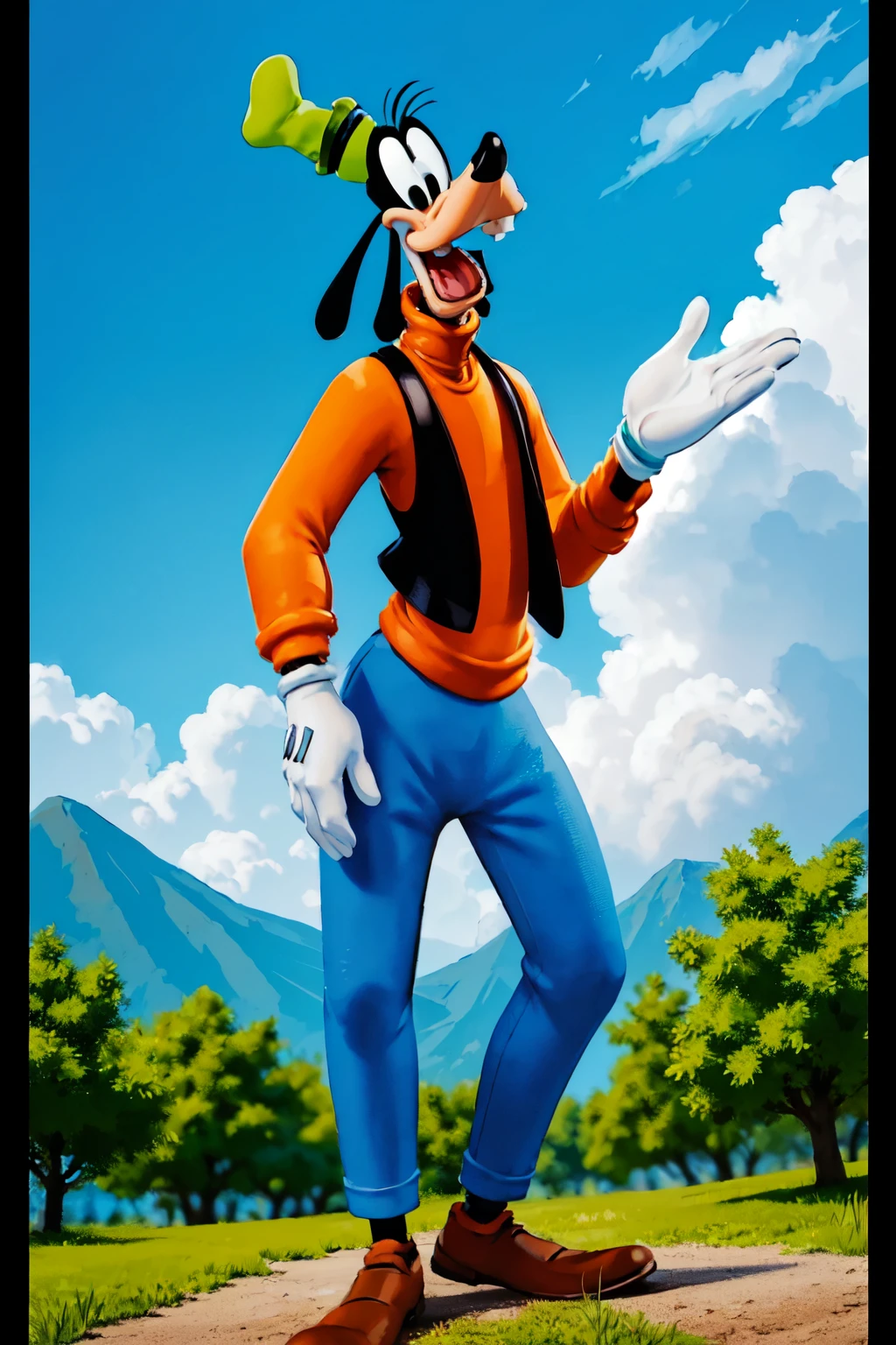 standing in a park, blue sky, white clouds, birds,high detail skin, high detail eyes, high detail hair, highres, ultra detailed, sharpen picture, Highly detailed, masterpiece, best quality, photorealistic,
 <lora:GoofyLoRA:1> 1boy, buck teeth, gloves, green hat, orange sweater,  black vest, blue pants, shoes