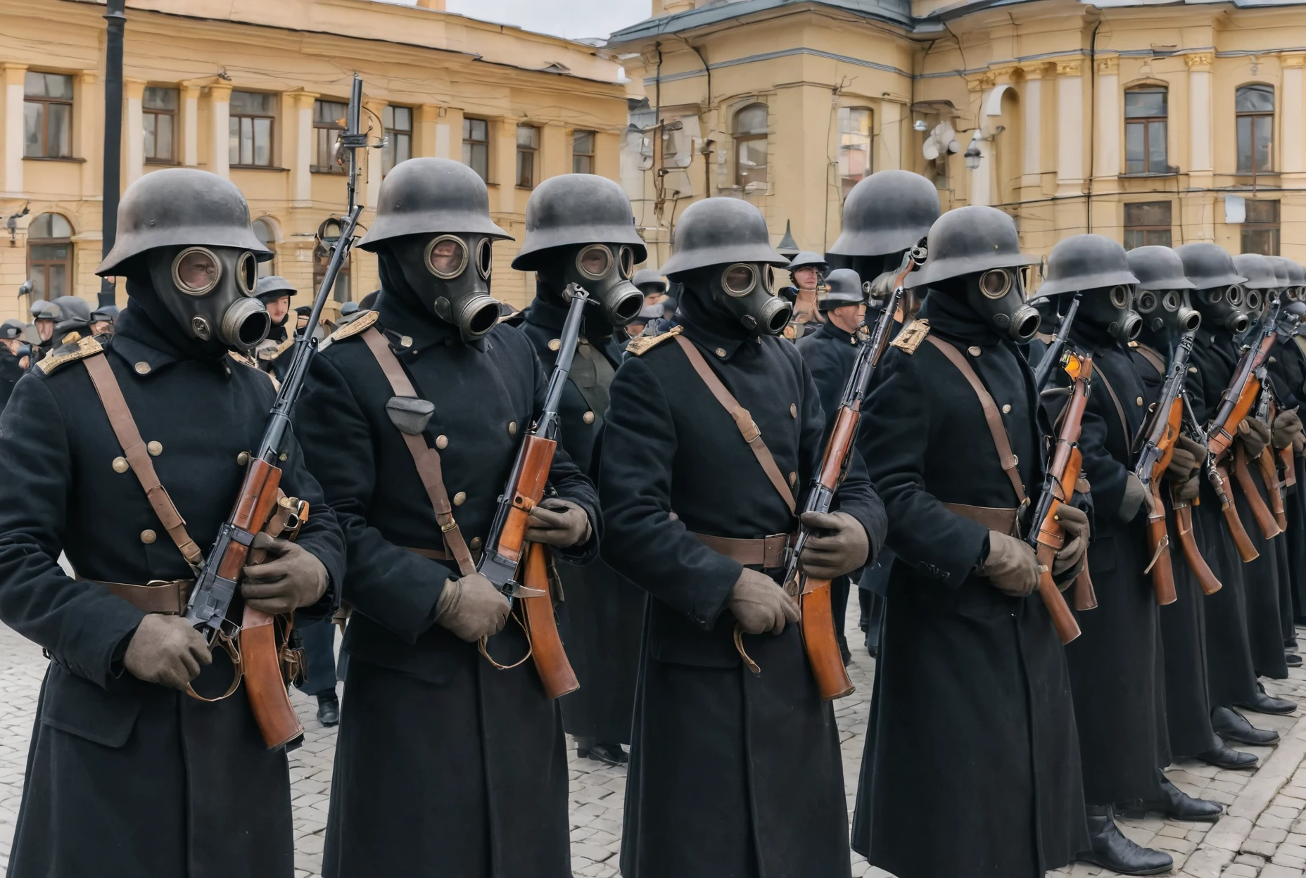 photo of russian soldiers with black ww1 gas masks and black ww1 helmets and black leathercoats holding ak47 rifles, standing in formation on a military parade in a russian city