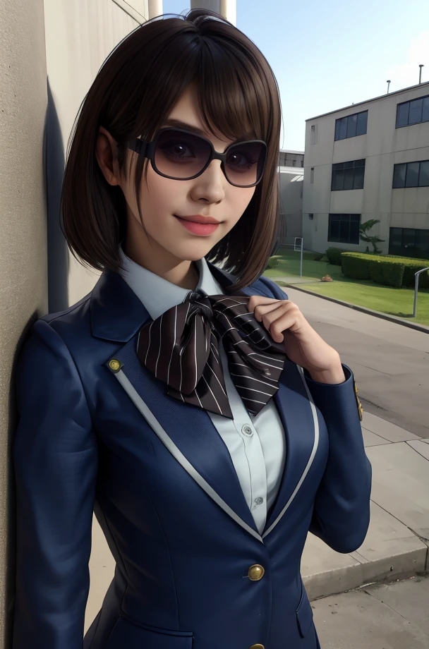 kyouko,brown hair,medium hair,
jacket,striped bow,sunglasses,
looking at viewer,light smile,
standing,upper body,
schoolyard,
(insanely detailed,masterpiece, best quality),highres,solo,<lora:amasawakyouko:0.8>,