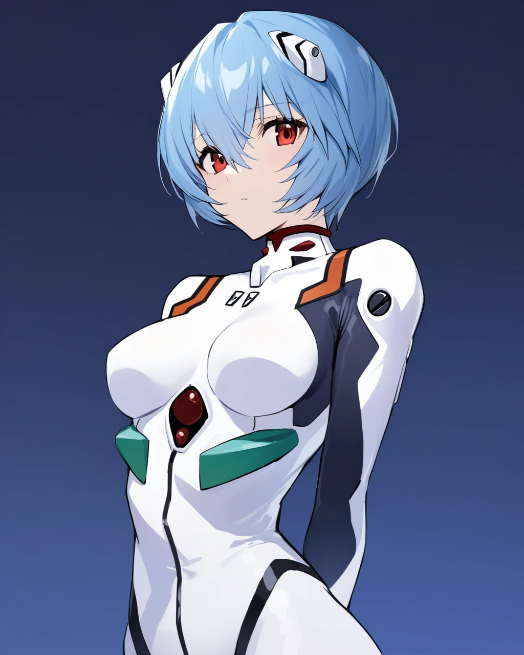 masterpiece,best quality,<lora:ayanami_reiv2:1>,science_fiction, looking_at_viewer, closed_mouth, hair_ornament, neon_genesis_evangelion, 1girl, rebuild_of_evangelion, solo, ayanami_rei, expressionless, simple_background, white_bodysuit, headgear, bodysuit, plugsuit, arms_behind_back, evangelion:_3.0+1.0_thrice_upon_a_time, interface_headset, medium_breasts, breasts, pilot_suit