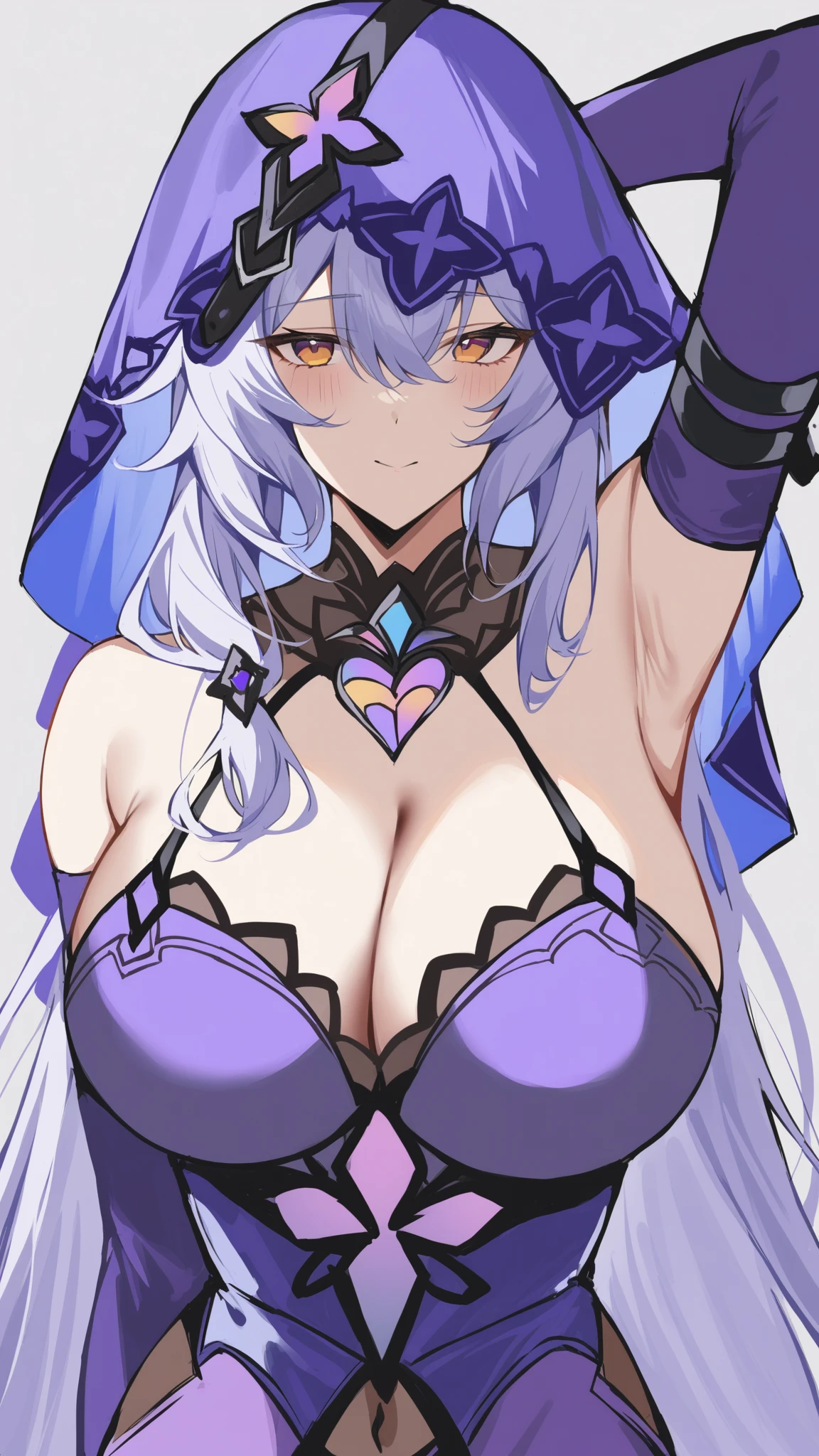 1girl, white hair, purple cape, purple hood, hood up, leotard, long hair, breasts, large breasts, hourglass figure, smile, green eyes, purple leotard, purple robe, robe, thighhighs, purple thighhighs, mature female, cleavage cutout, cleavage, shoulder pads, shoulder spikes, shoulder armor