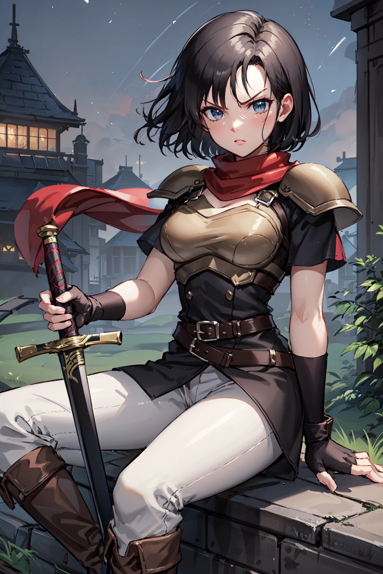 (holding_sword),angry,full_body, <lora:machyuaV1:0.8>,machyua,looking at viewer, fingerless gloves, belt, shoulder pads, white pants, short sleeves,red scarf, breastplate, knee boots,outdoors,dark,night, (masterpiece, best quality, ultra-detailed, best shadow)