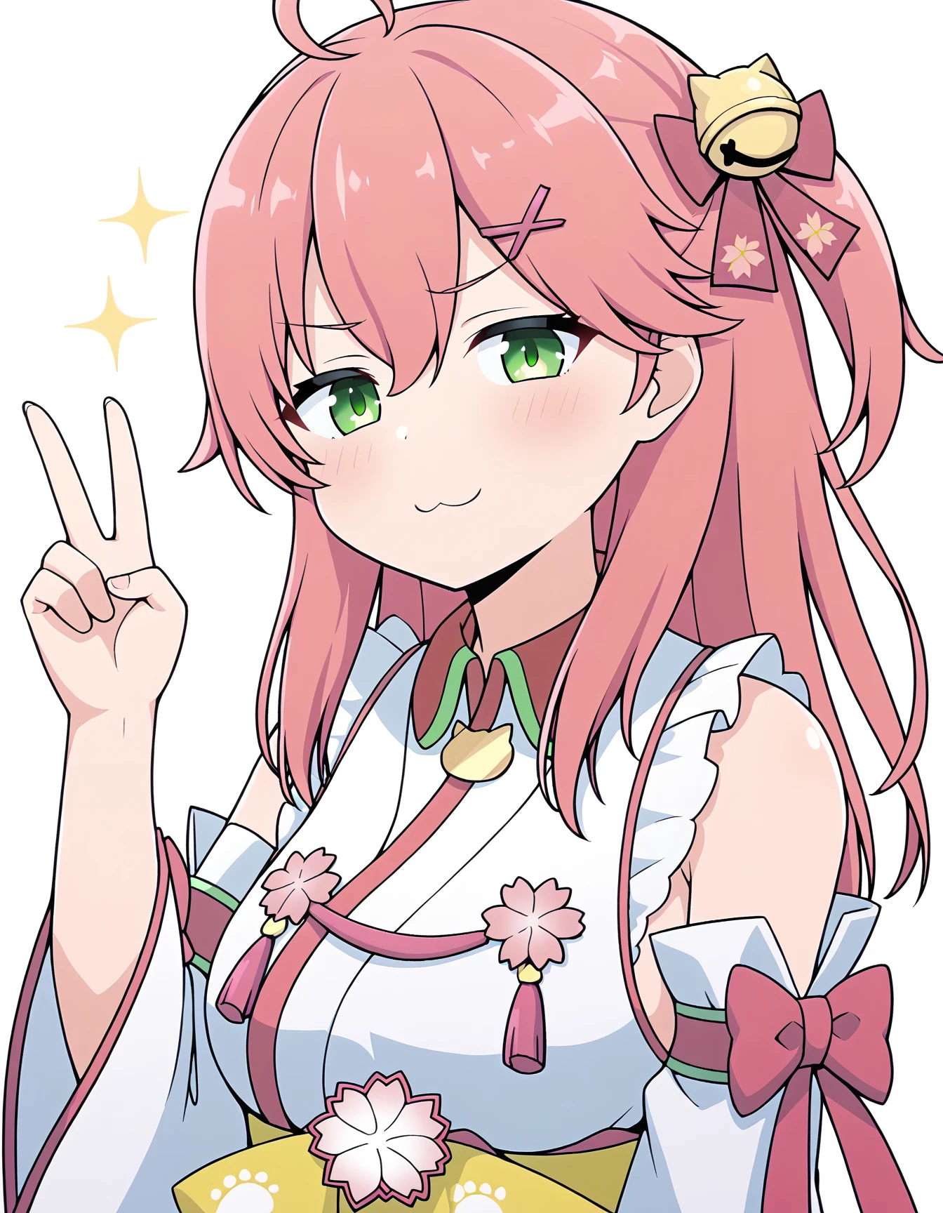 1girl, sakura miko, sakura miko \(1st costume\), hololive, :>, ahoge, bell, cherry blossom print, detached sleeves, floral print, flower, green eyes, hair bell, hair ornament, half-closed eyes, jingle bell, one side up, paw print, paw print pattern, pink flower, pink hair, solo, sparkle, upper body, v-shaped eyebrows, v over head, virtual youtuber, white background, x hair ornament, <lora:miko:1>