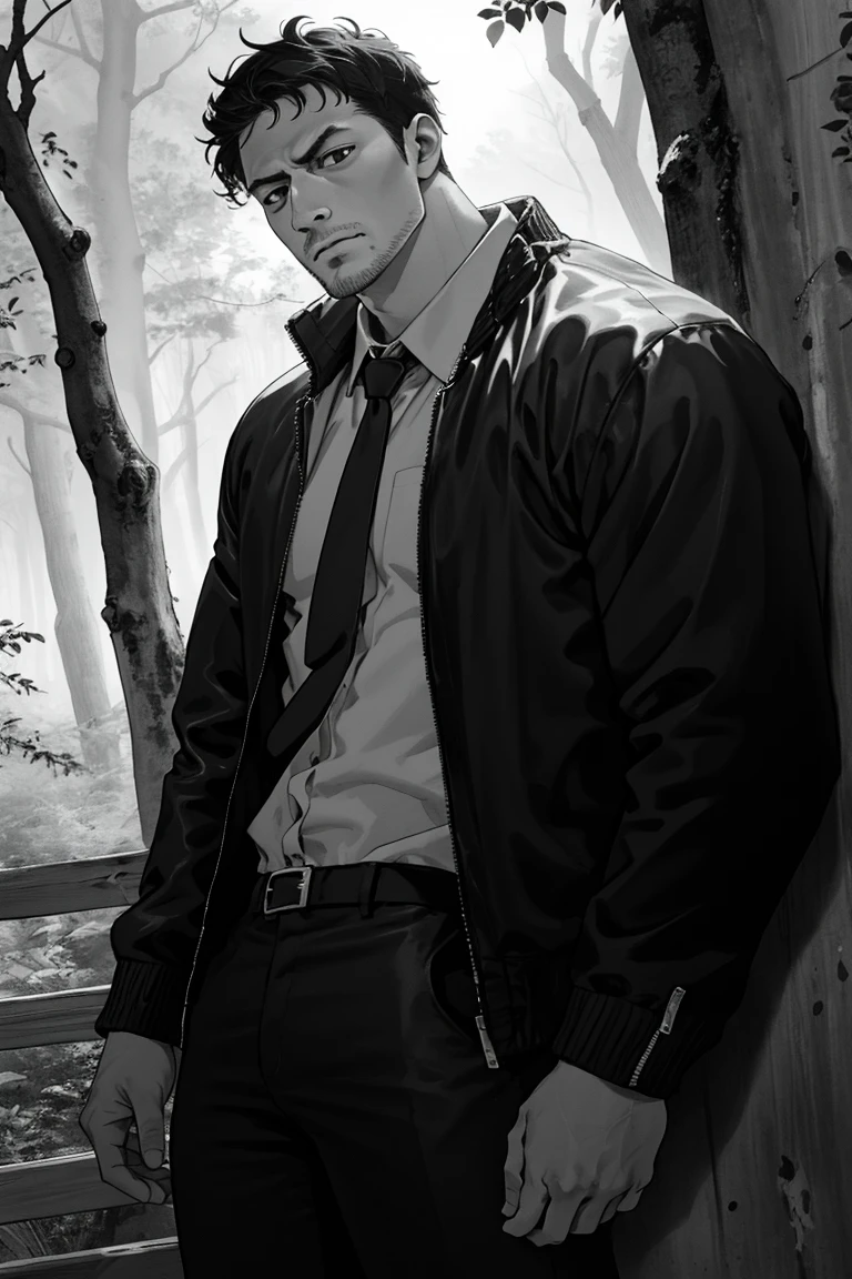 (1 image only), solo male, Agawa Daigo, Gannibal, Asian ,Japanese, black hair, short hair, thin stubble, black eyes, policeman, white collared shirt, dark blue necktie, black jacket, long sleeves, buttoned up jacket, dark blue pants, black shoes, mature, handsome, charming, alluring, perfect anatomy, perfect proportions, (best quality, masterpiece), (perfect eyes), perfect hands, high_resolution, dutch angle, cowboy shot, rural .pastoral, forest, creep, suspense, horror, manga, greyscale, monochrome, best quality,<lora:EMS-304048-EMS:0.800000>