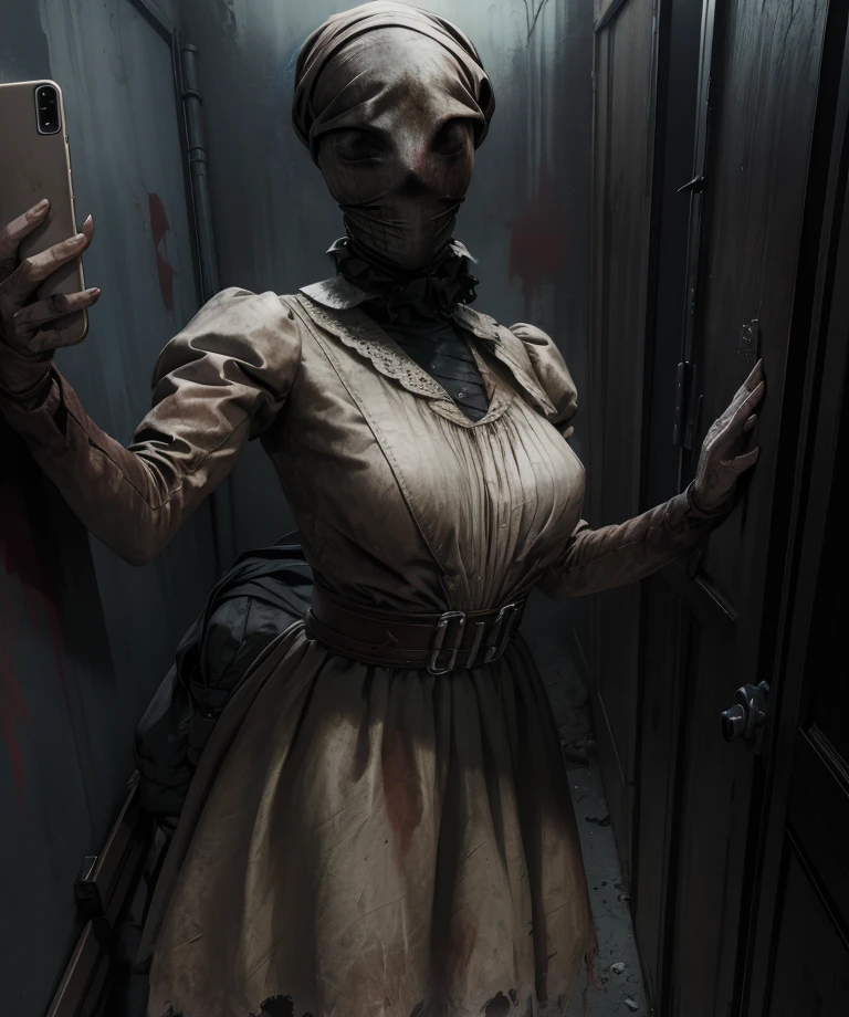 sally,head wrap,mask,
white dress,long sleeves,belt,dirty clothes,selfie,
abandoned,dark corners,
(insanely detailed, masterpiece, best quality),solo,<lora:TheNurseSally:0.8>,