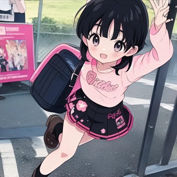 (anime screencap:1.2),(masterpiece:1.2),1girl,full body,
animejojihuku,kids cloth, girl,black hair,smile,pink logo shirt on black,denim miniskirt,
<lora:animejojihuku:1>,