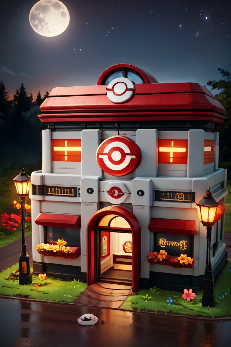 ((masterpiece,best quality)), absurdres,
<lora:Pokemon_Center:0.8>, Pokemon_Center, red roof, glowing sign,
night, moon, starry sky, forest, no humans, flower box, poke ball, poke ball (basic), road, lamp, lamppost, shop, poke ball theme, <lora:more_details:0.5>