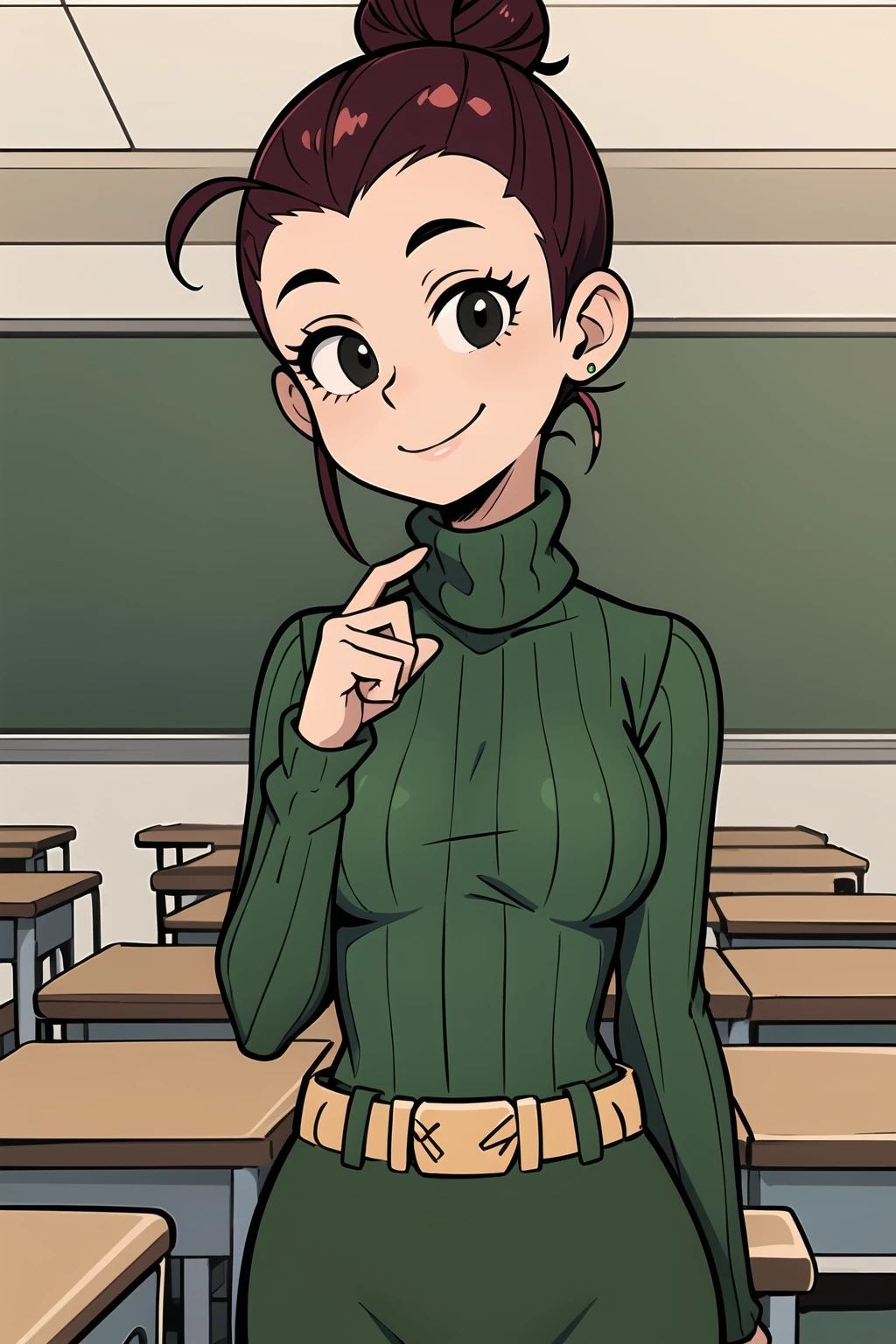 <lora:AgnesJohnson(2.0):0.6> agnesj, 1girl, turtleneck, pencil in hair, solo, hair bun, single hair bun, green sweater, belt, smile, green skirt,black eyes,upper body,looking at viewer, classroom,