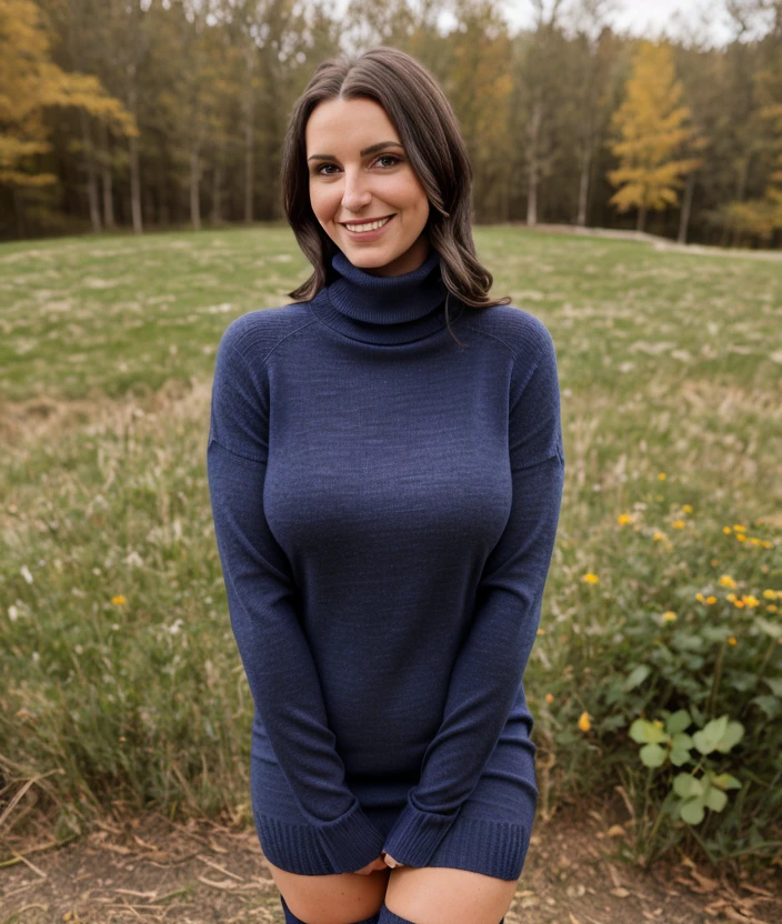 kr1p0 , woman, ((blurred nature)), close portrait photo, smile, breast, (dress, Sweater, turtleneck, stockings)