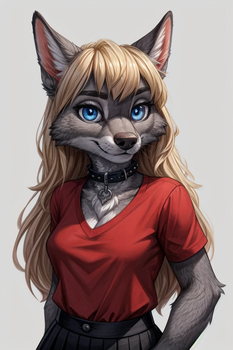 wolf furry girl,blonde,long hair,looking at viewer,crossed bangs,blue eyes,high detail eyes by Glacierclear, by Ulitochka, by Levelviolet, by Zephyxus, (red shirt)1.2,black skirt,(high detail grey fur)1.2,punk collar,zootopia, fur paws (white background)1.1,masterpiece,highres,8k,(sharp)1.15, <lora:detail:0.4>, <lora:detail:0.4>