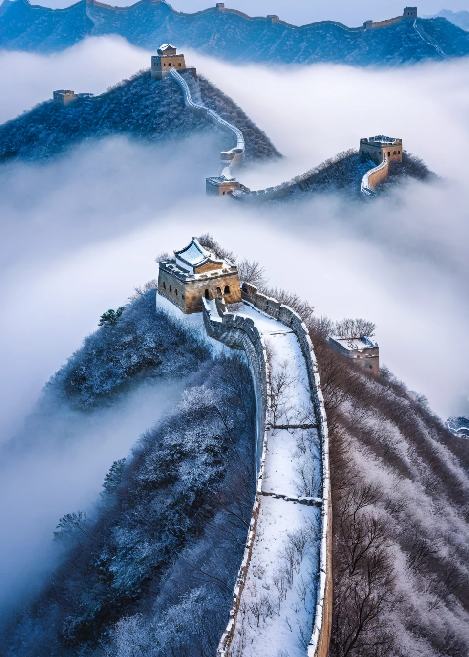 <lora:é¿å:1>,The Great Wall, scenery, no humans, outdoors, sky, cloud, mountain, tree, nature, day, blue sky, forest, snow, monochrome, signature, landscape, road, cloudy sky, blue theme, house, grass, fog, building, masterpiece, best quality,