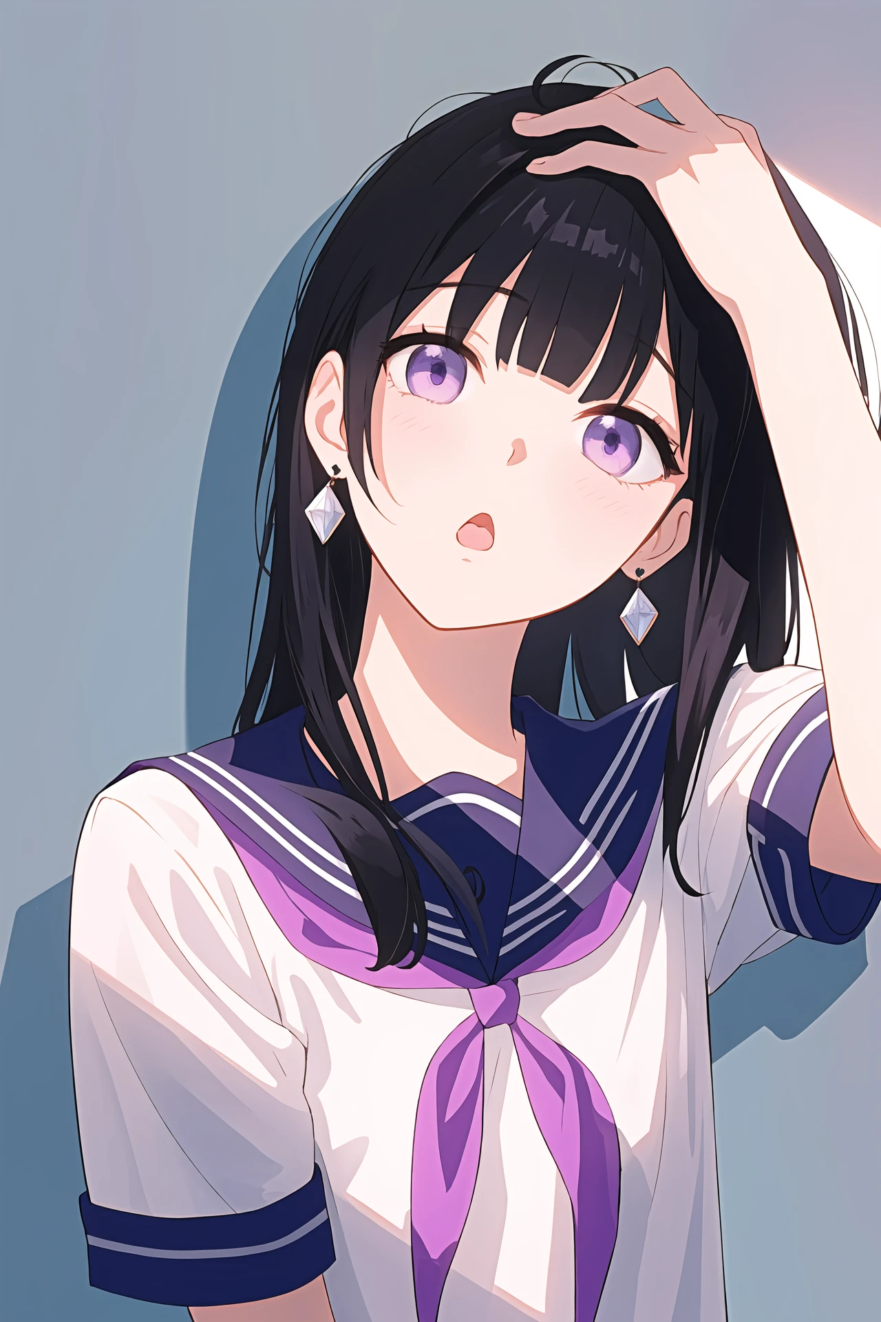 (best quality, masterpiece, highres),1girl,solo,purple eyes,blunt bangs,black hair,long hair,:o,hand in own hair,head tilt,earrings,serafuku,short sleeves,looking at viewer,upper body,dynamic_angle,
<lora:a beam of light_v1.04:1>,light rays,shadow,dark,