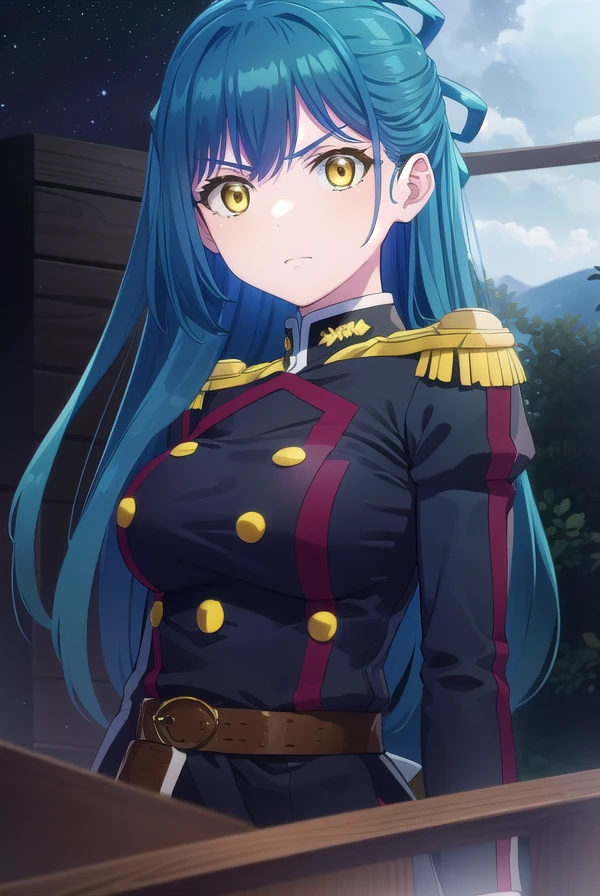 himariazuma, <lora:himari azuma s1-lora-nochekaiser:1>,
himari azuma, long hair, hair rings, (blue hair:1.5), (yellow eyes:1.5), frown, angry,
BREAK skirt, thighhighs, epaulettes, military, military uniform, black uniform,
BREAK outdoors, space, starry sky, star \(sky\), moon,
BREAK looking at viewer, (cowboy shot:1.5),
BREAK <lyco:GoodHands-beta2:1>, (masterpiece:1.2), best quality, high resolution, unity 8k wallpaper, (illustration:0.8), (beautiful detailed eyes:1.6), extremely detailed face, perfect lighting, extremely detailed CG, (perfect hands, perfect anatomy),