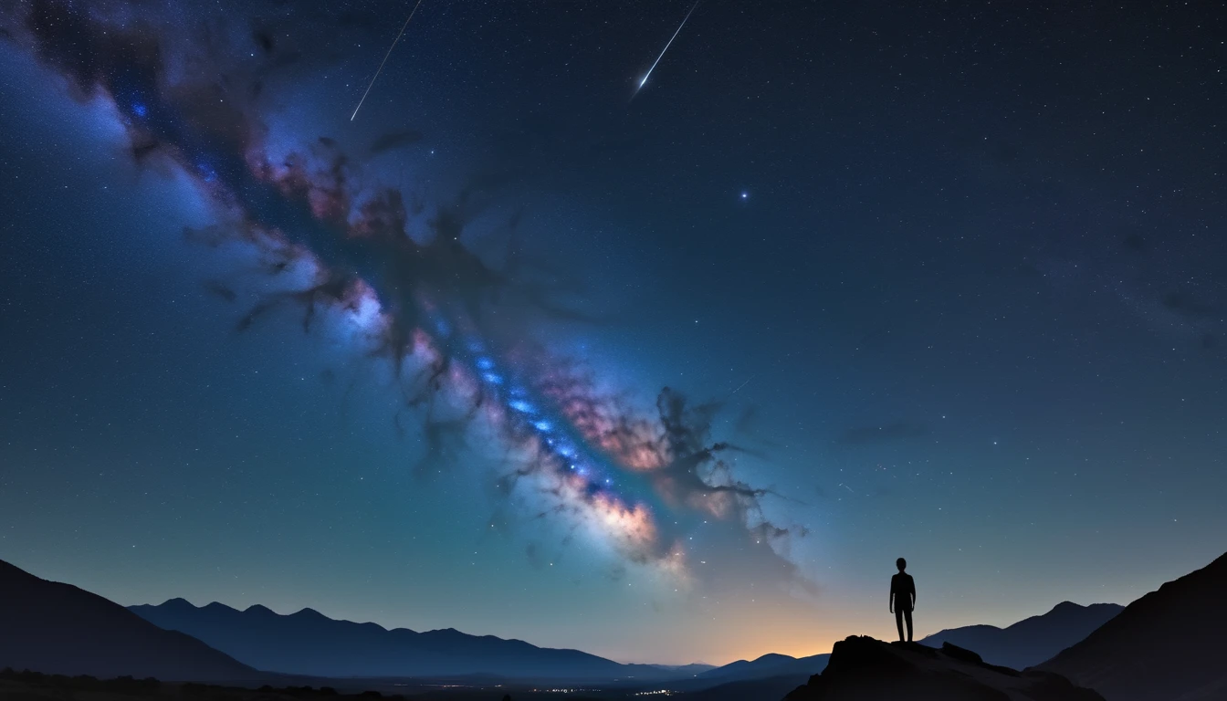 A night sky in a remote location, the Milky Way stretching across the star-filled sky, a silhouette of mountains on the horizon, and a lone observer gazing up in wonder.

