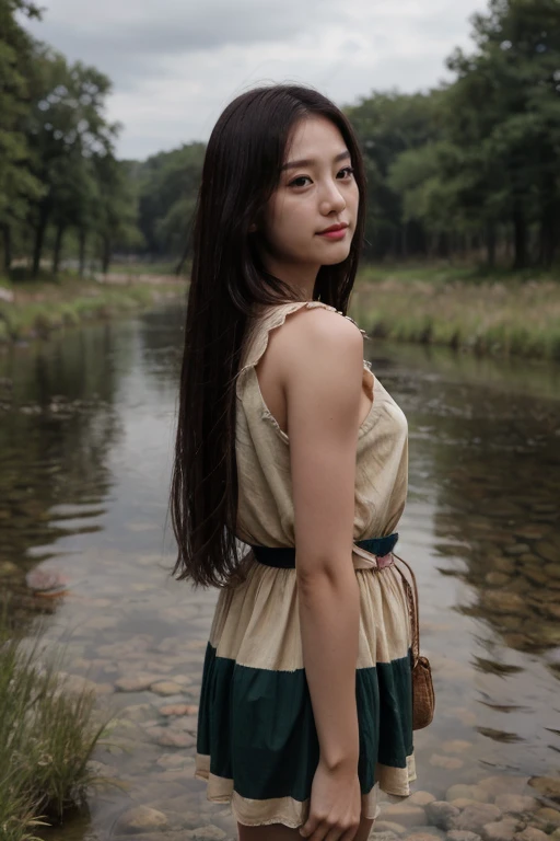 masterpiece, best quality, ultra-detailed, ultra high res, (photorealistic:1.4), raw photo, (realistic:0.2), CG, 8k HDR, cinematic lighting, 1girl, solo, looking at viewer, (simple drop waist dress, sleeveless), outdoor, (colorful), day, (half submerged in a river), meadow, upper body, lower body, asymmetrical hair, (detailed oily skin, medium breasts:0.8), (detailed face), (detailed background :1.1), closed mouth,