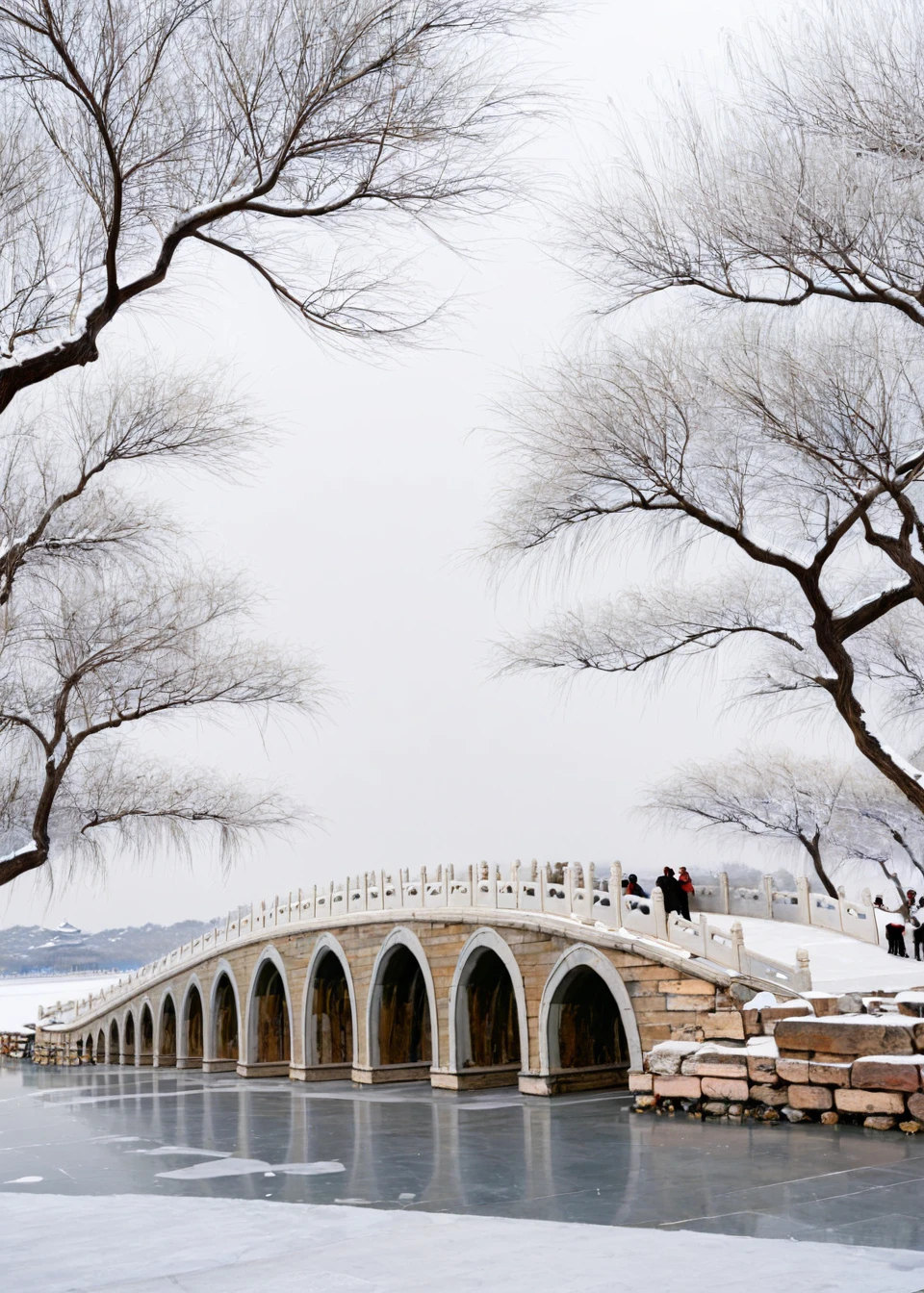 <lora:é¢åå:1>,The Summer Palace, scenery, no humans, architecture, east asian architecture, tree, outdoors, snow, sky, building, very wide shot, bridge, watercraft, day, monochrome, winter, masterpiece, best quality,
