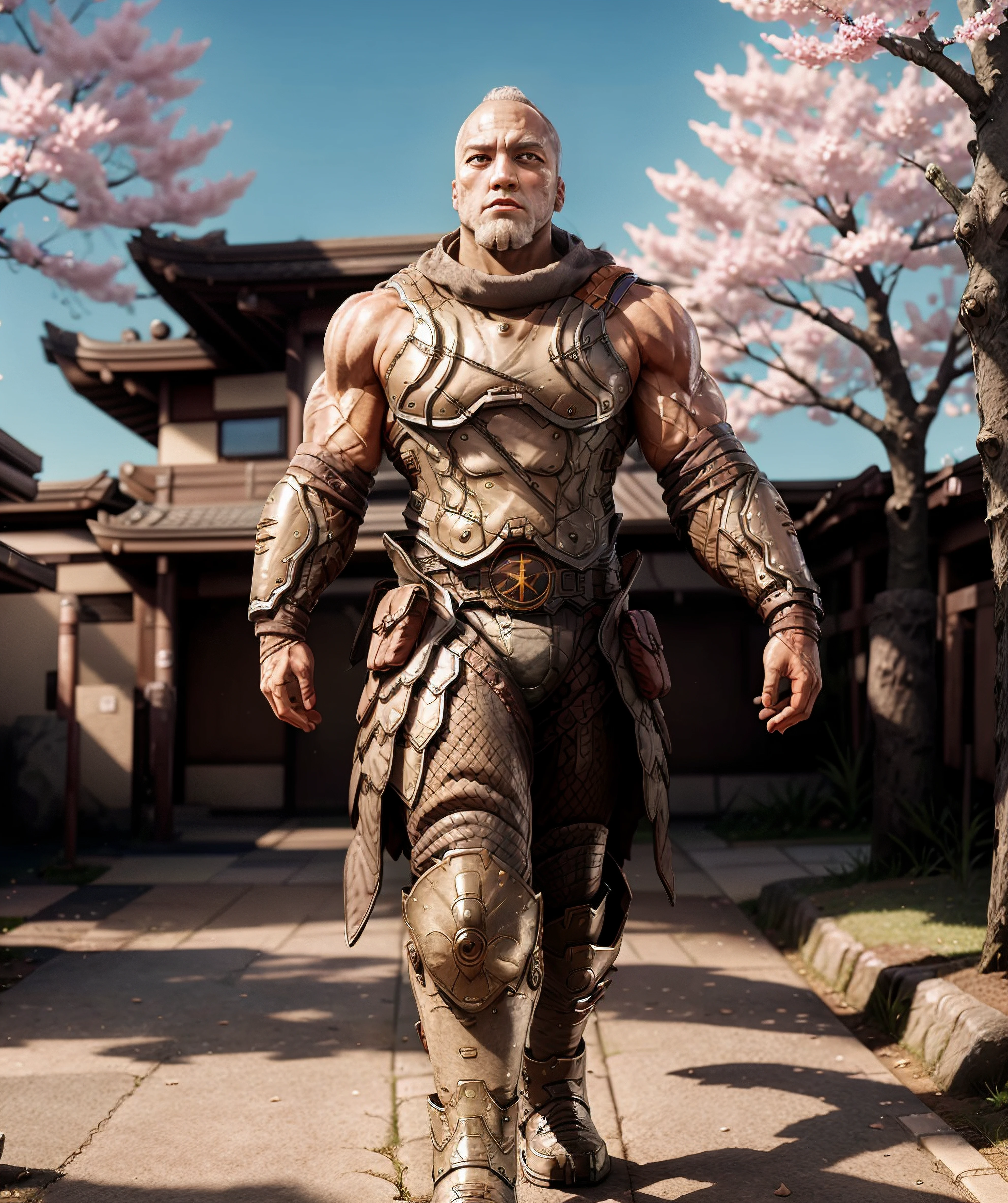 the_betrayer, looking at viewer, armor, walking, park, sakura trees, daytime, bald, beard, (muscular:1.1) <lora:Valen:0.85>